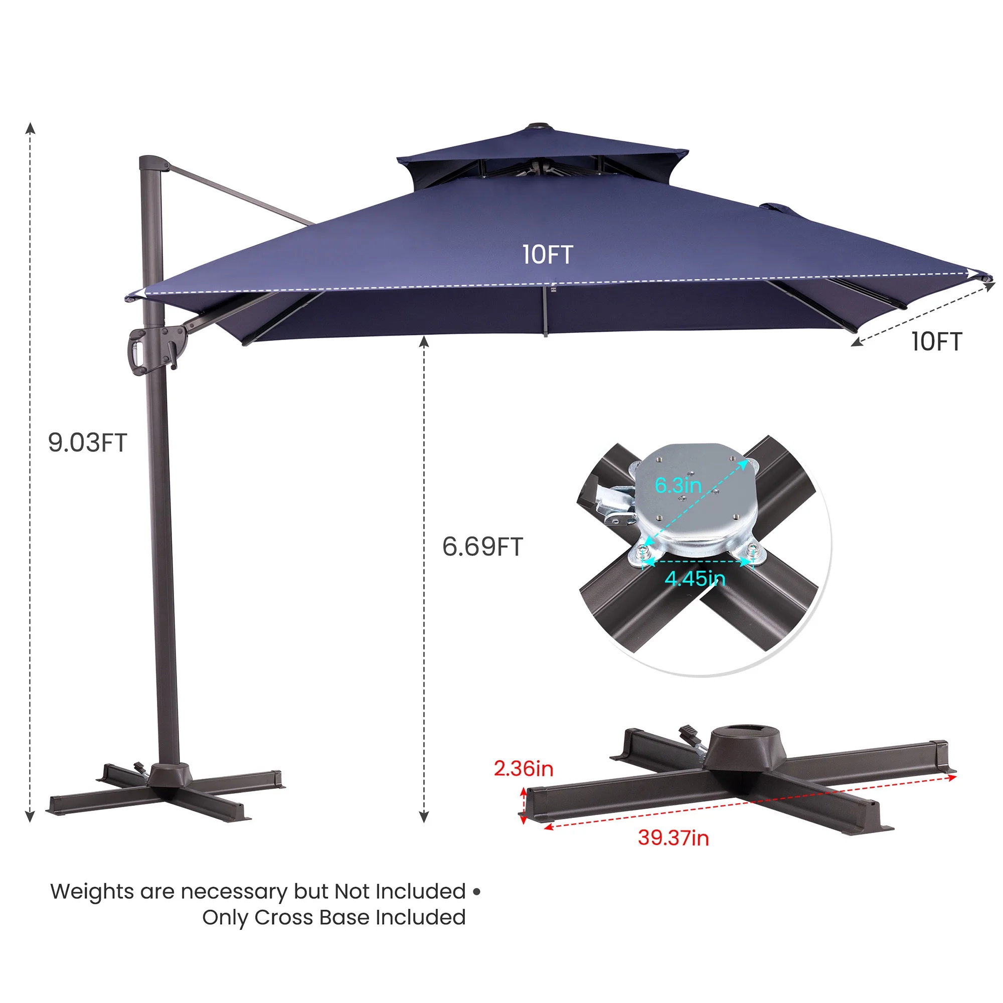 Pellebant 10 Ft. x 10 Ft. Square Double Top Patio Cantilever Umbrella, Navy Blue