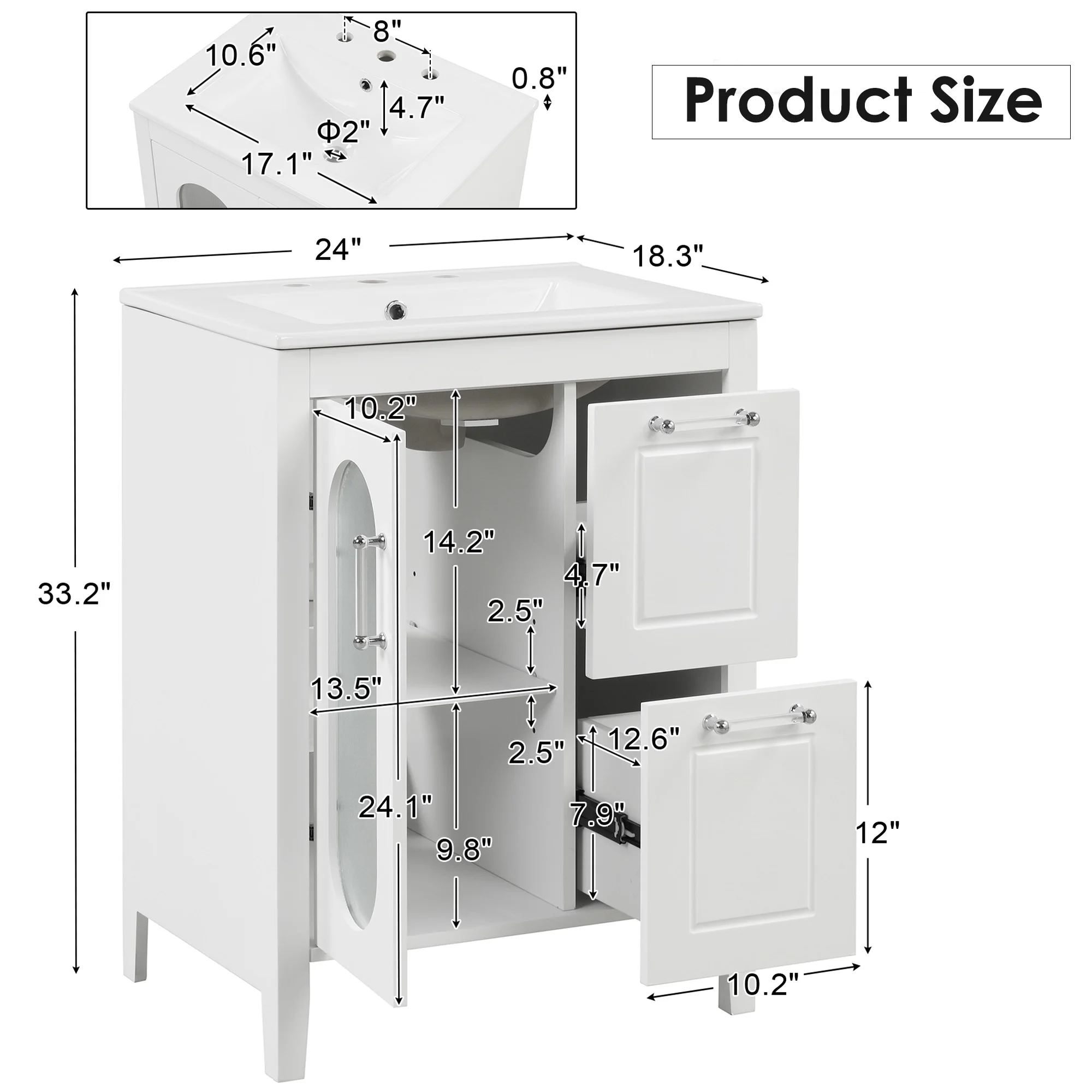 Soges 24" Bathroom Vanity with Ceramic Sink, Solid Wood Bathroom Makeup Cabinet with Door, Adjustable Shelf and 2 Drawer, Free Standing Single Basin Vanity Set for Small Bathroom, White