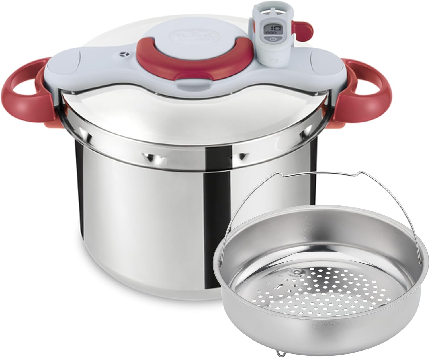 Tefal P47051 Clipso Minut Duo Aluminium-Schnellkochtopf mit 5 Sicherheitssystemen und einfacher Einhandbedienung, Grau/Rot, 5 l