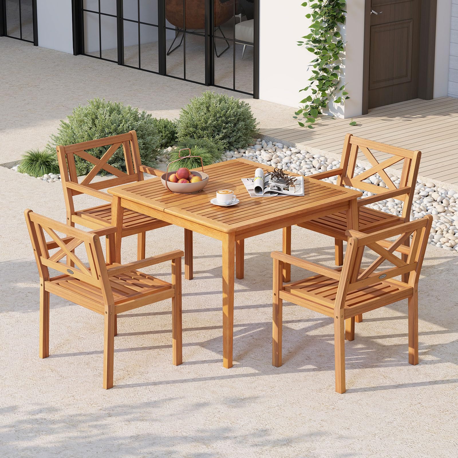 Tangkula Acacia Wood Patio Dining Chairs Set of 2/4 with 400 lbs Capacity