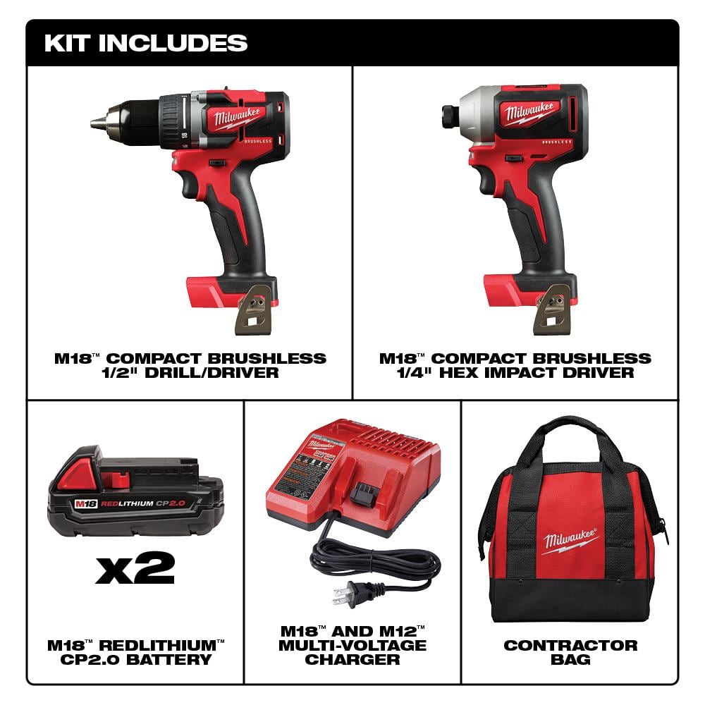 Kit combiné compact sans fil M18 18 V avec moteur sans balais (2 outils), 2 batteries 2,0 Ah, chargeur et sacoche 2892-22CT