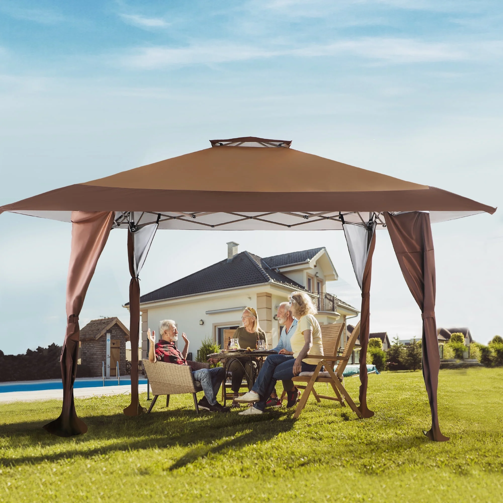 Summit Living 13 x 13 Ft Pop up Canopy Tents Event Shelter for Outside Party Brown
