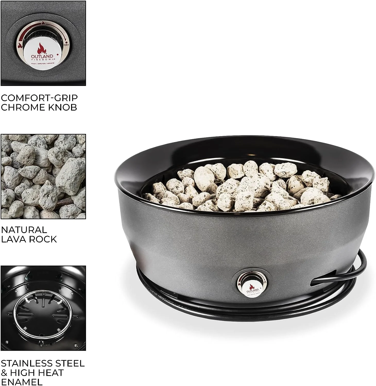 Outland Living Large Outdoor Propane Gas Fire Pit for Outside, 60, 000 BTU/H, 24 in with Lid - Modern Lake Country 800 Fire Bowl Firepit for Patio, Graphite Gray