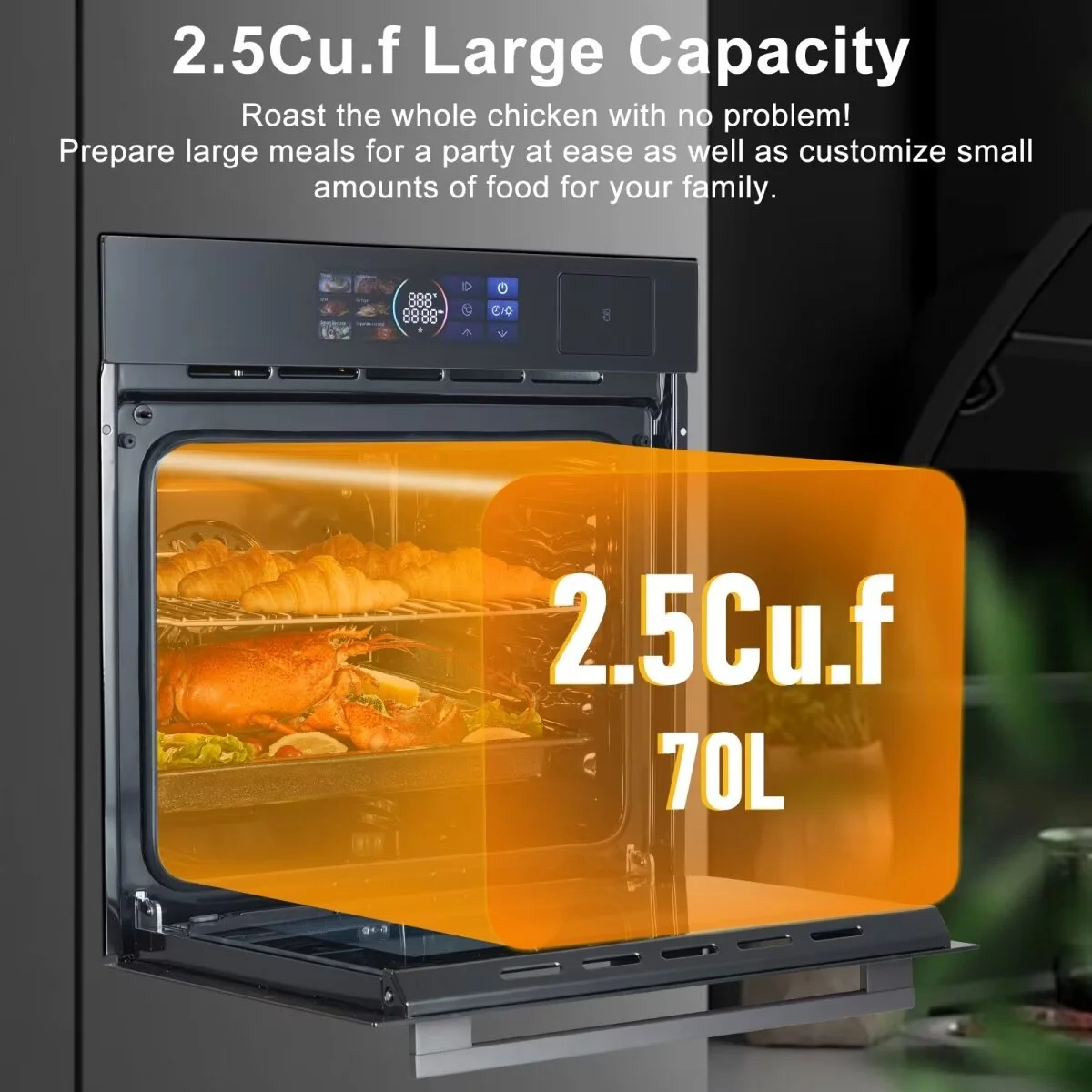 Single Wall Oven 24", Built - in Electric Ovens with Steam & Grill & Air Frying Mode, 2.5cu.ft Convection Built - in Oven, Colorful Touch Screen, Stainless Steel