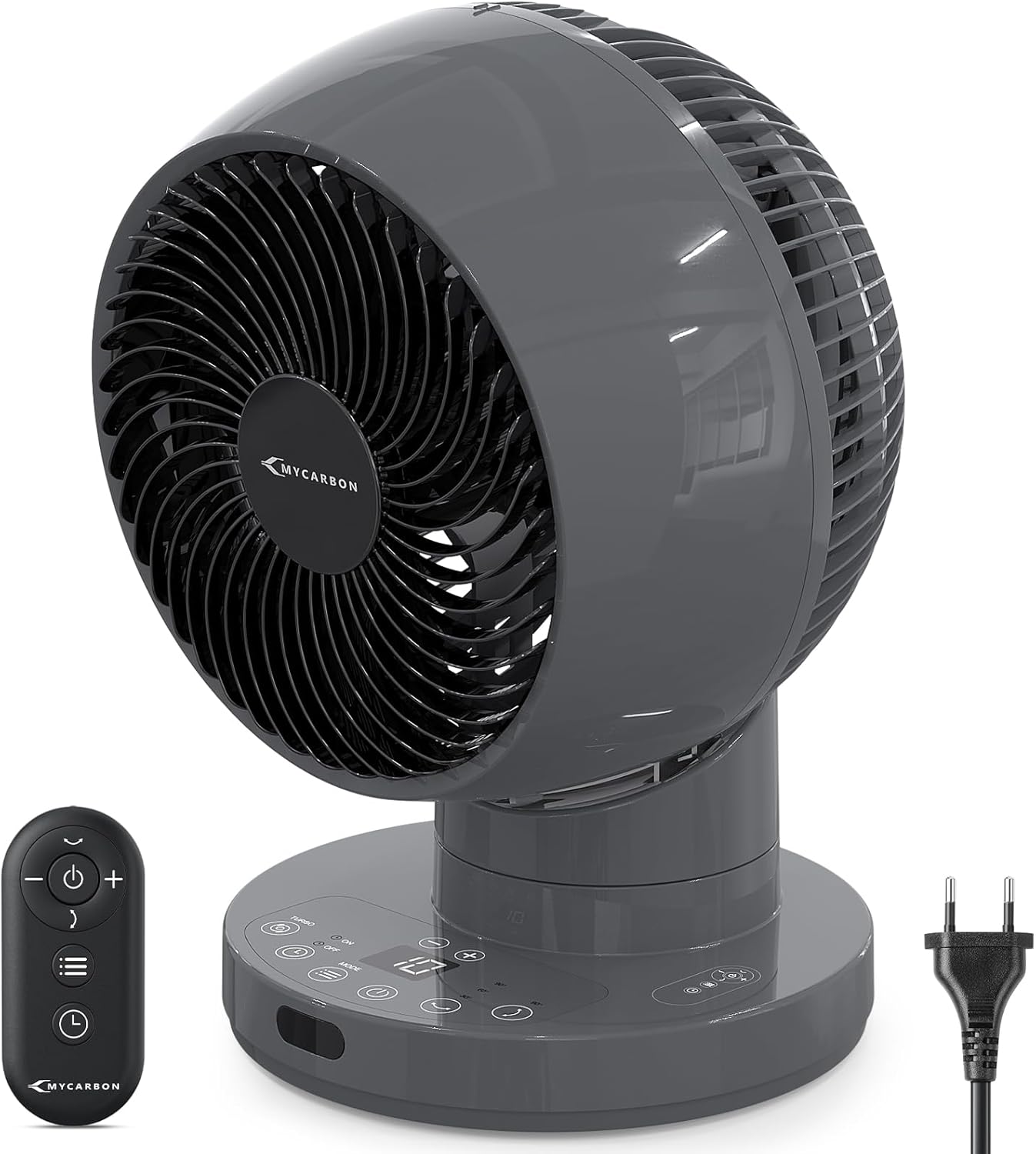 Ventilateur de table silencieux MYCARBON Turbo 20 dB, moteur CC puissant, oscillation 30°-60°-90°, 11 vitesses, minuterie 12 h et démarrage programmé, avec télécommande