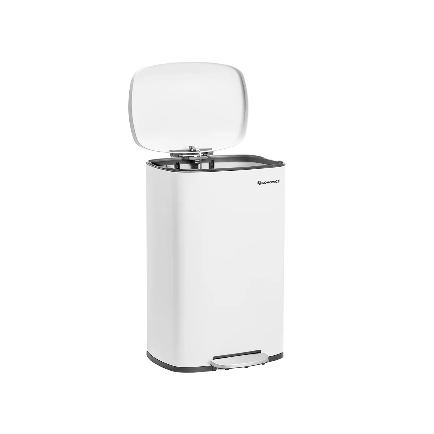 Poubelle de cuisine à fermeture douce et à pédale, avec seau intérieur en acier.