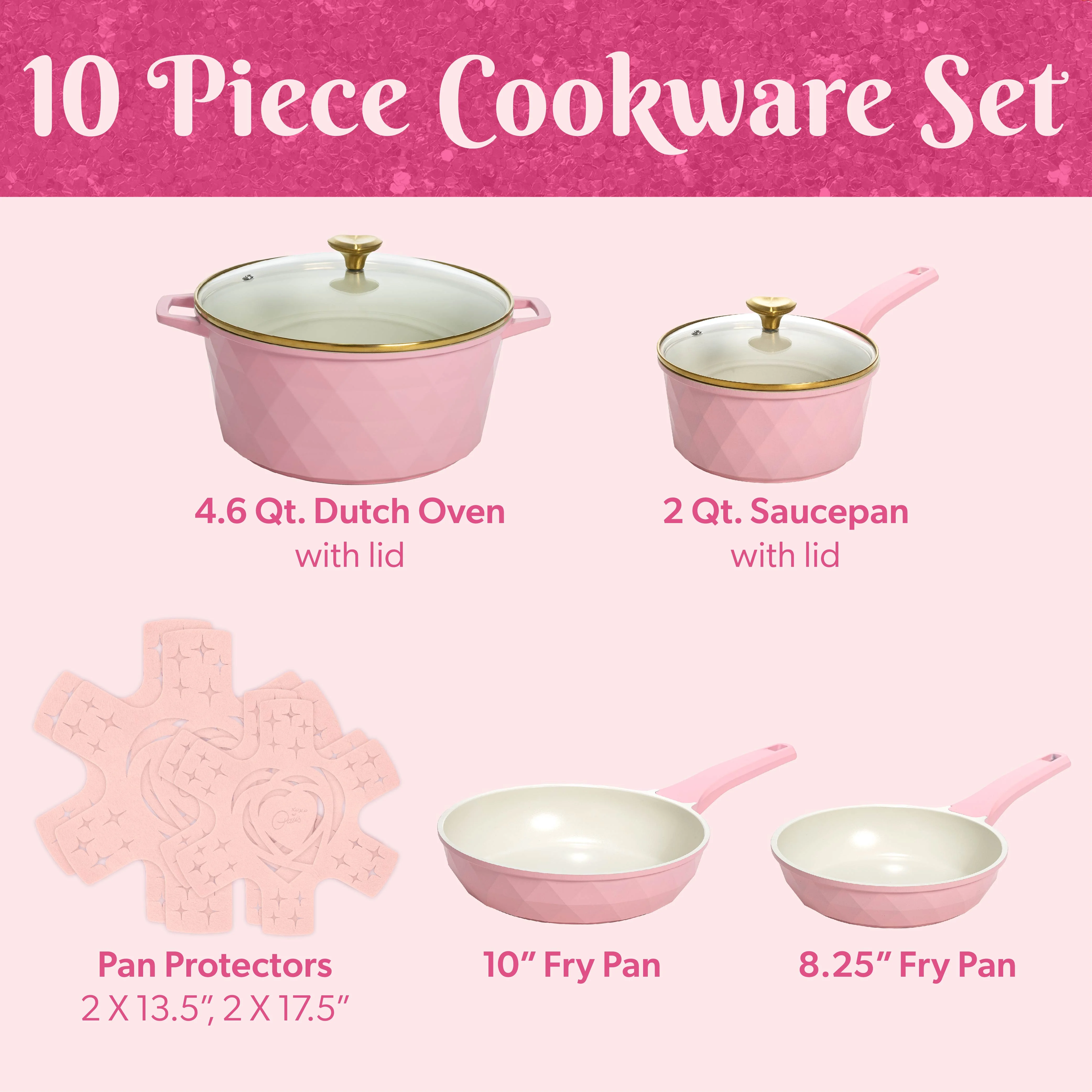 Paris Hilton 10 - Piece Ceramic Nonstick Cast Aluminum Cookware Set, Clean Ceramic? Coating, Faceted Pink Design