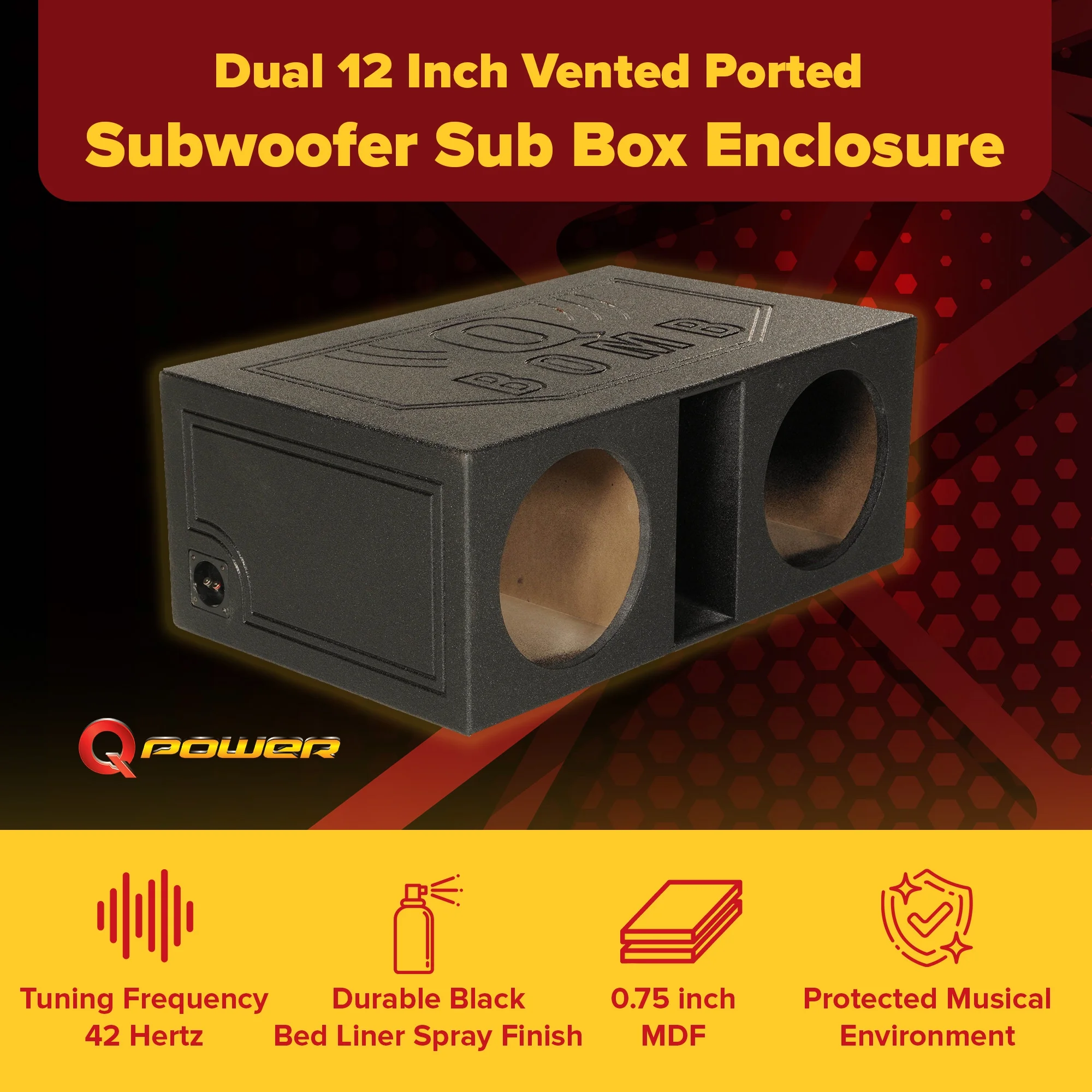 Qpower QBOMB12VL 12 in Dual Vented Ported Car Subwoofer Sub Box Enclosure