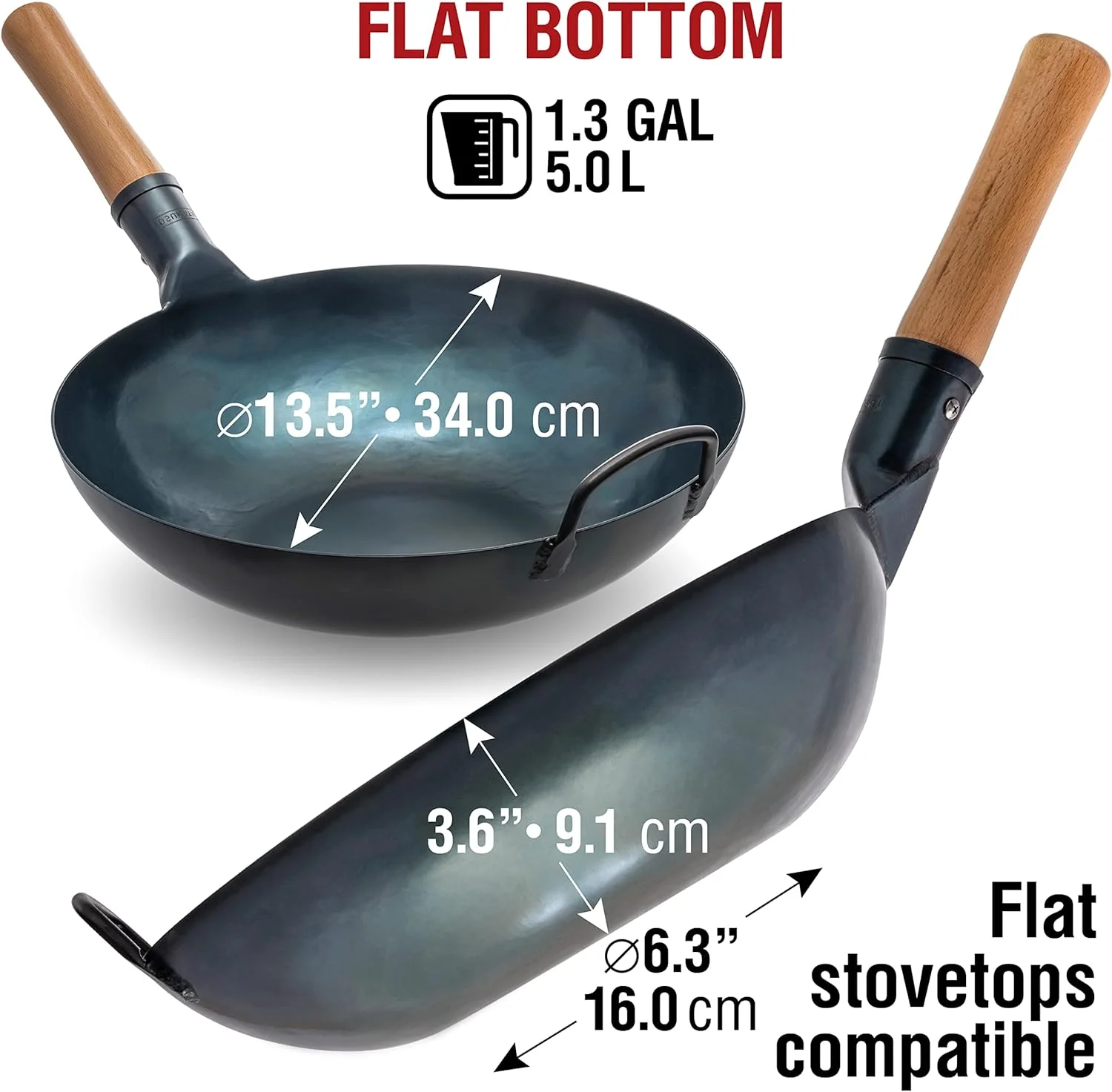 YOSUKATA 13.5" Carbon Steel Wok Pan - Pre - Seasoned Flat Bottom Wok for Stir Fry, BBQ & Camping - Works with Induction, Gas, Electric & Open Fire