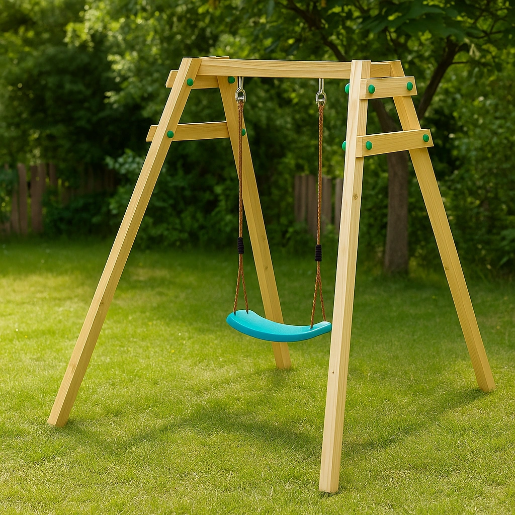 Balançoire de jardin avec structure en bois naturel, assise bleue, pour usage extérieur, avec cordes réglables 180x120x200cm - ILnBLKP189eE