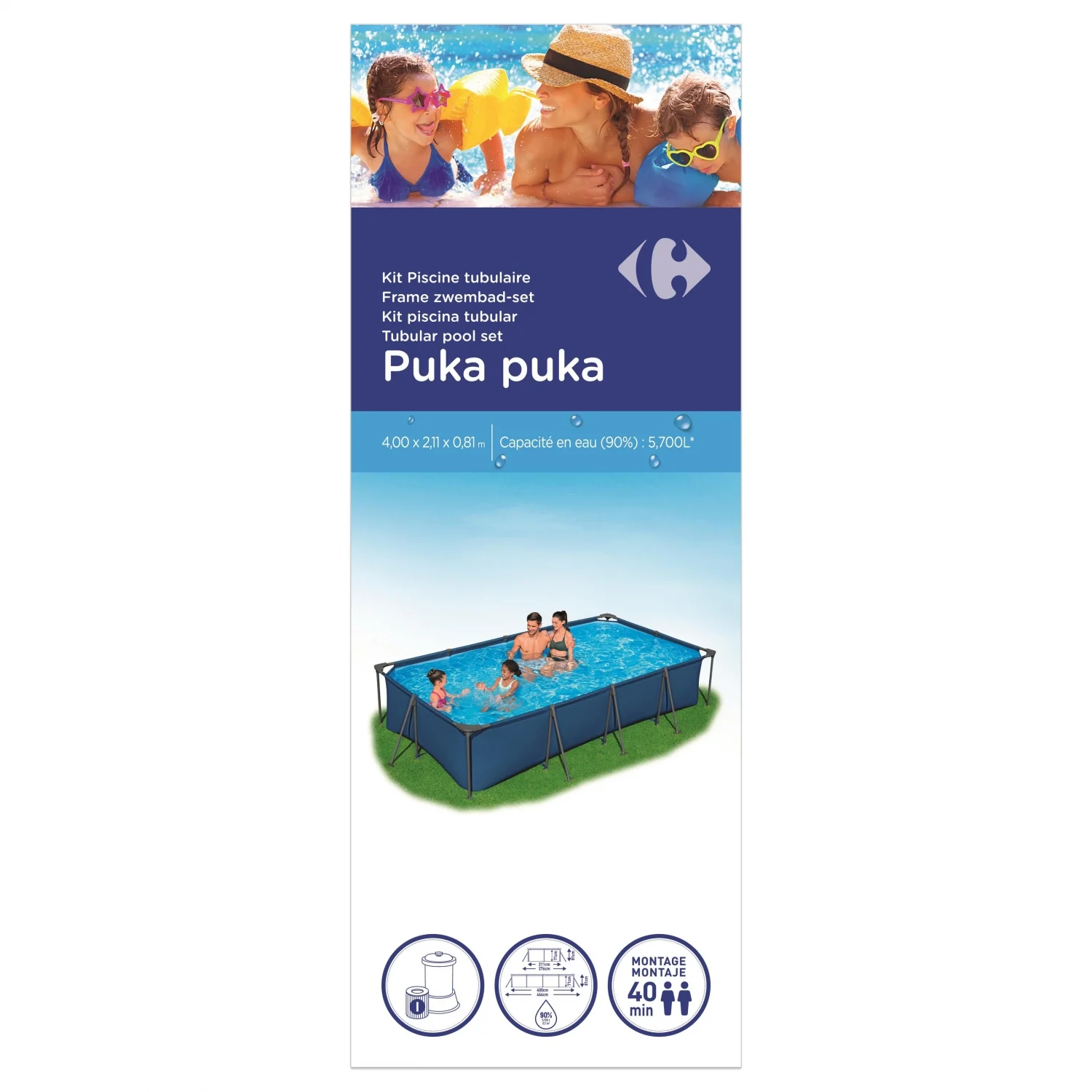 Puka rektangulær rørformet pool 400x211x81 cm