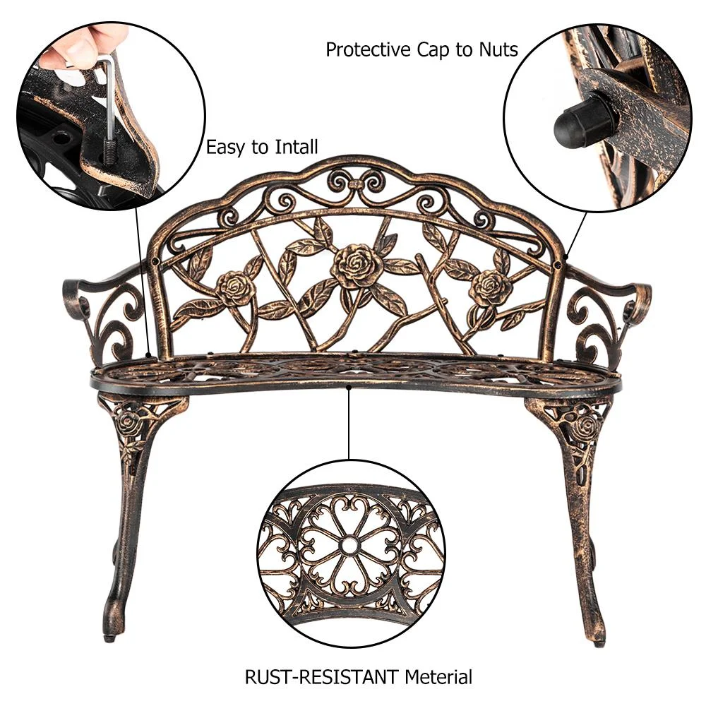 Zimtown Courtyard Park Outdoor Patio Bench Leisure Rosé Cast Aluminum Chair, Metal Loveseat Bench for Garden Patio, Porch, Deck, Bronze