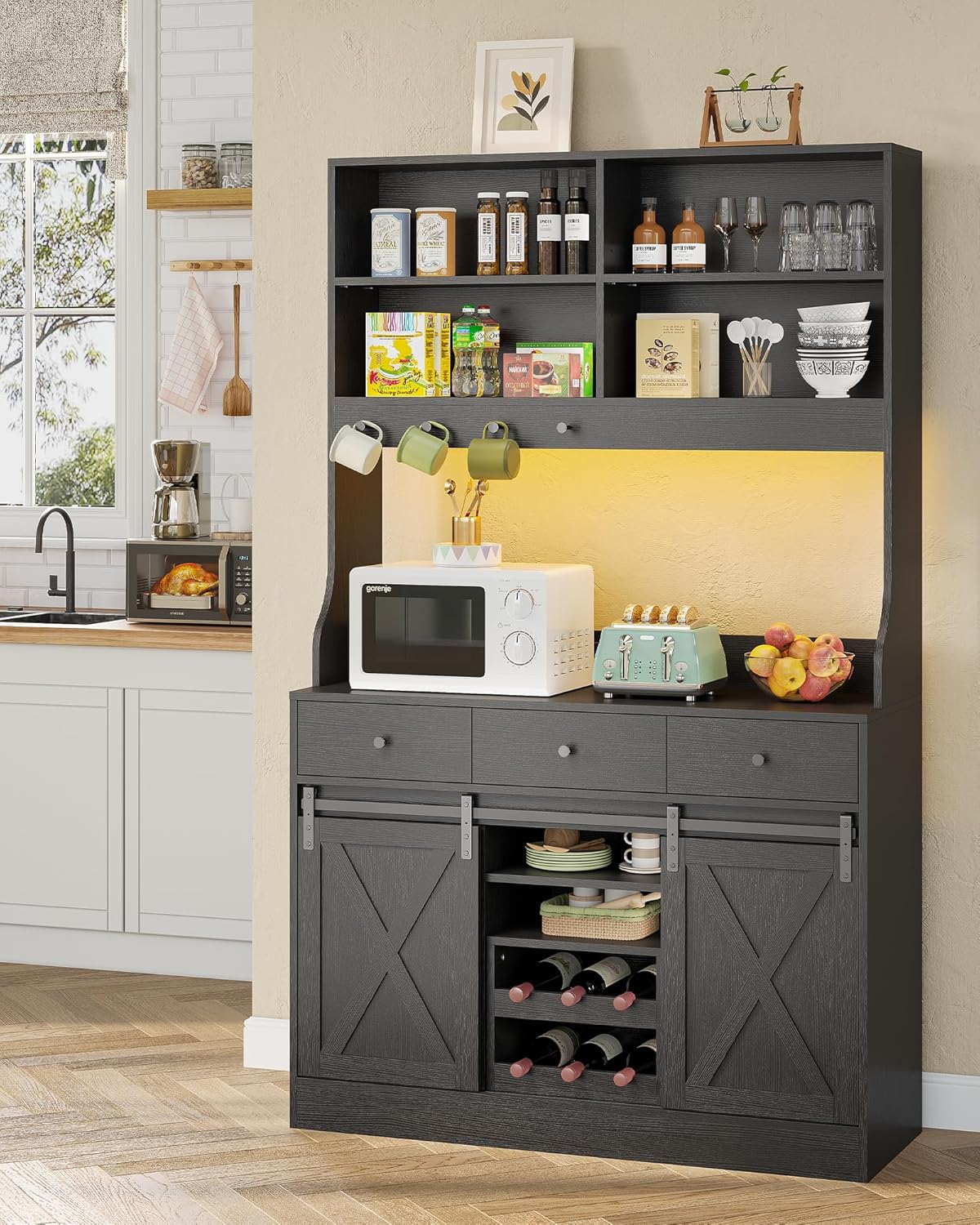 Køkkenskab, Køkkenskænk med LED-belysning, Stikkontakter, Buffetskab, Udtræksbar vinreol, 3 skuffer, Justerbare hylder, Køkken, Stue, Spisestue, 103,5*40*180 cm, Sort