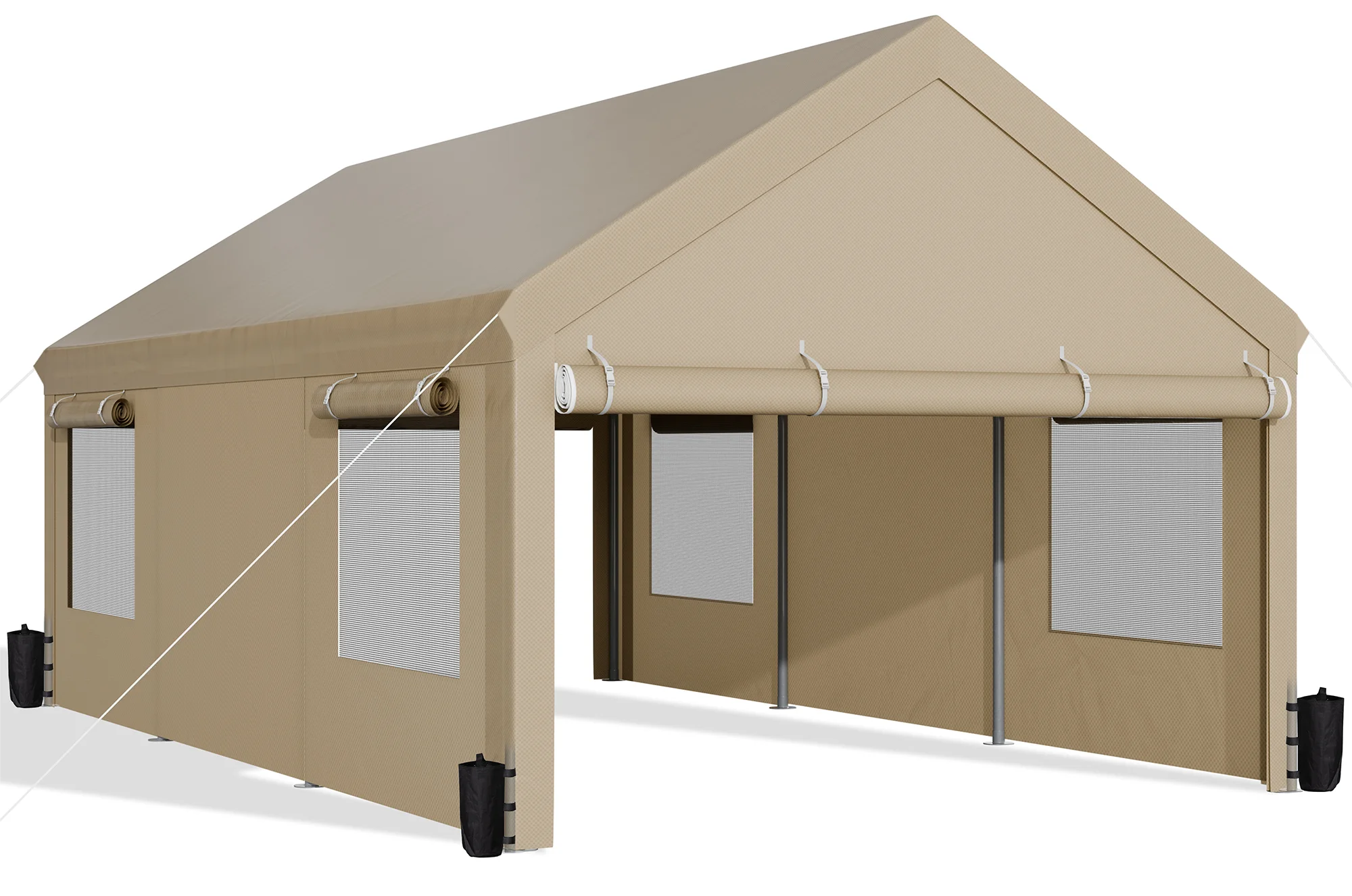 Walsunny 12x20 Ft Carport with 4 Sandbags Heavy Duty Canopy with Roll - up Windows Portable Garage with Removable Sidewalls & Doors Car Canopy Khaki