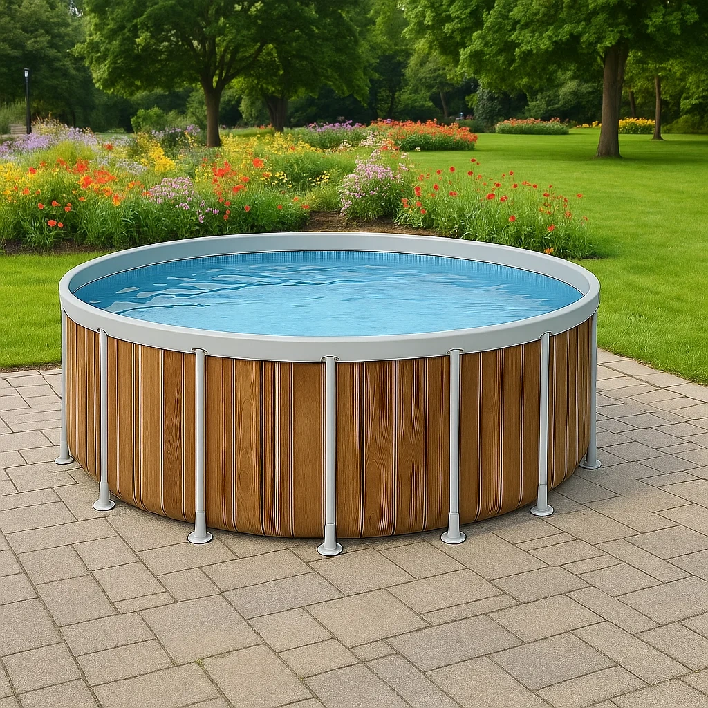 Piscine hors-sol tubulaire ronde 358 x 98 cm, couleur bois, avec filtre et échelle ZjEtmFt260QA