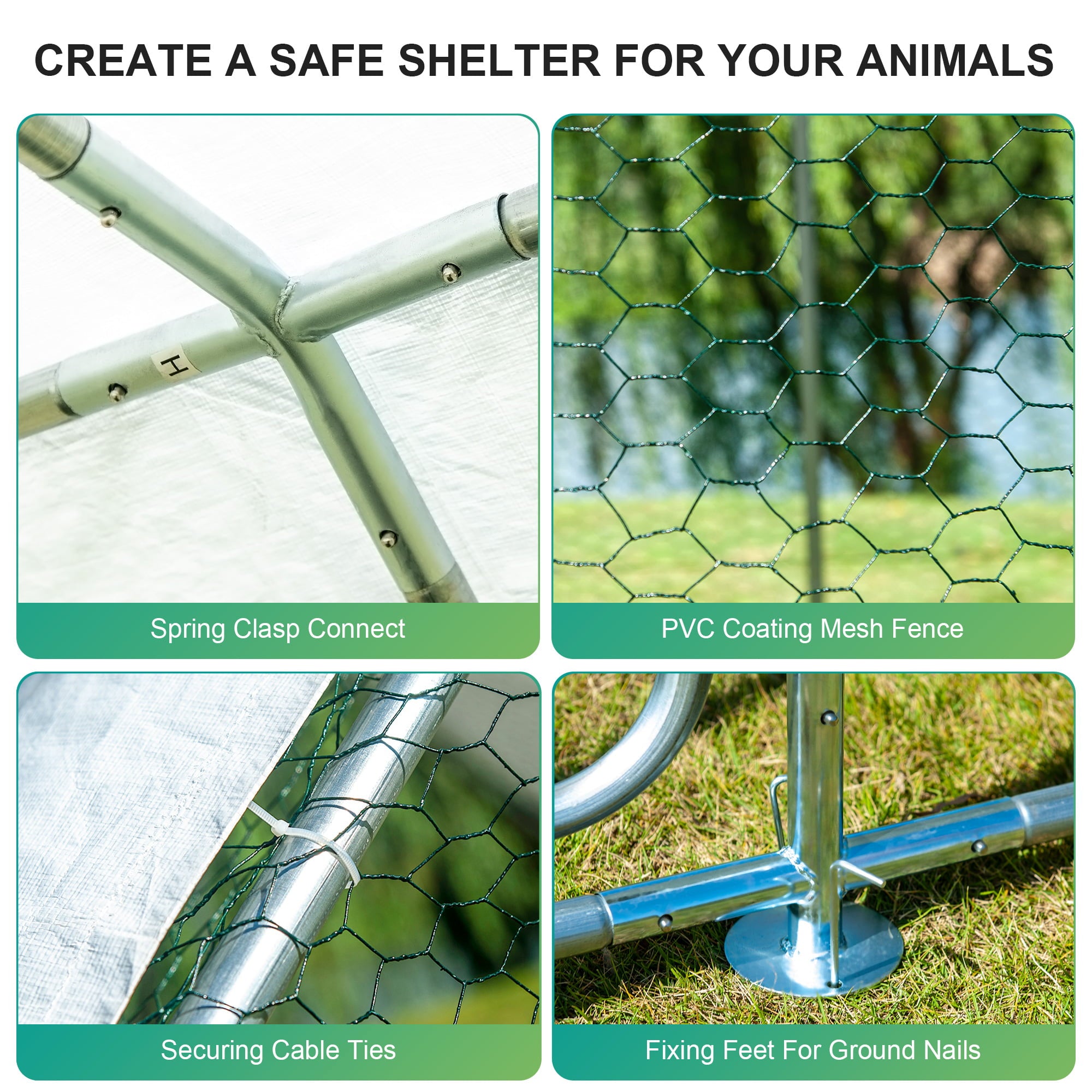 Stort metalhønsehus til 16 kyllinger, spiralformet fuglebur, vandtæt og UV-bestandigt overtræk til udendørs brug i haven eller på gården