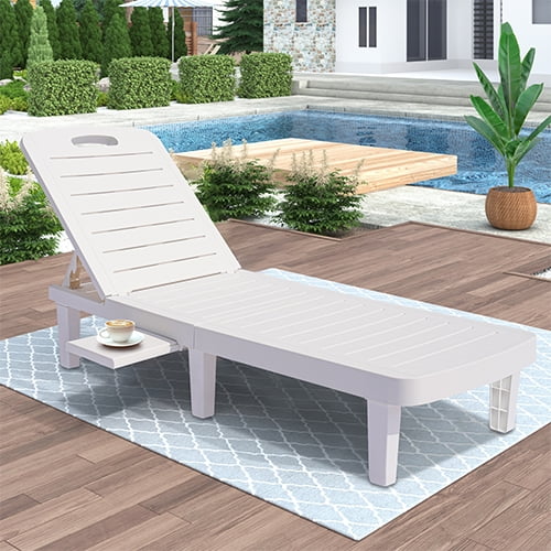 Patio Lounge Chair Set of 2, Adjustable Chaise with Side Table, Outdoor Lounger Recliner for Poolside, Patio, Backyard, Wood Texture Design | Waterproof | Easy to Assemble | Max Weight 330 lb White