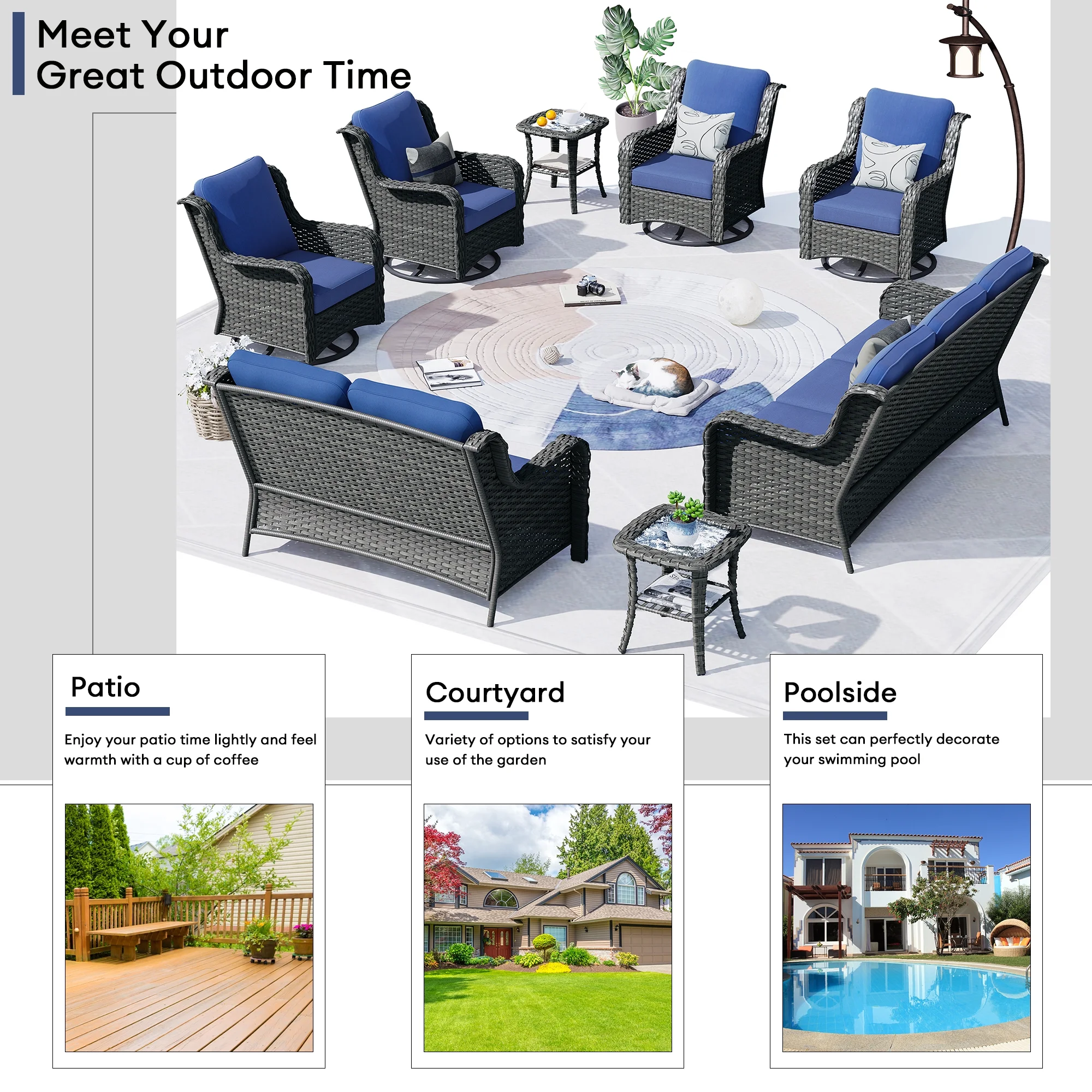 Ovios 8 - Piece Wicker Outdoor Sectional Patio Set with Swivel Chairs and Loveseat, Gray