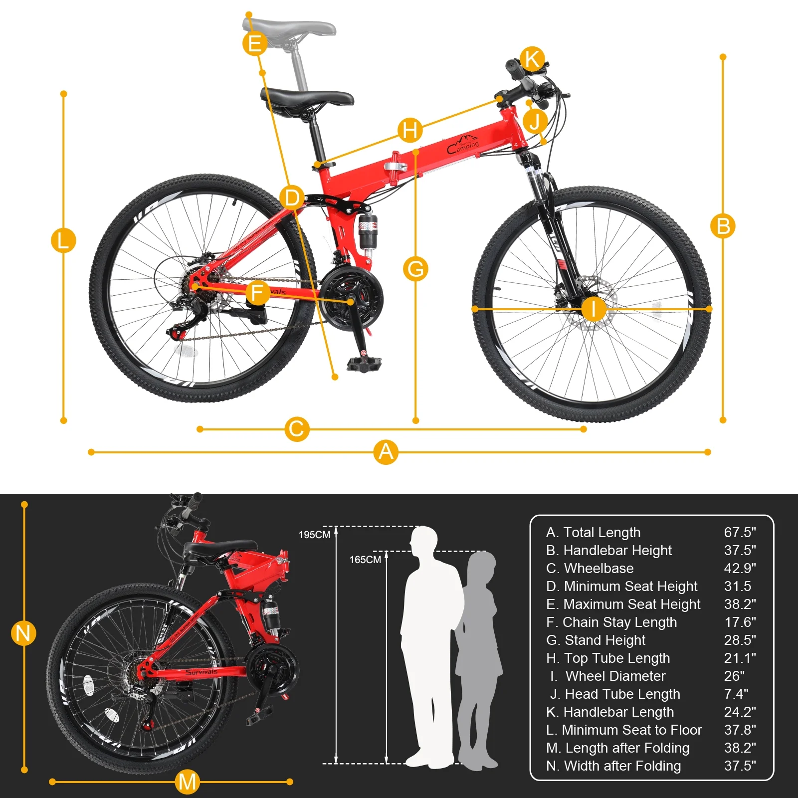 Ubesgoo 26in Folding Mountain Bike for Men Women Shimano 21 - Speed, with Disc Brakes, Red