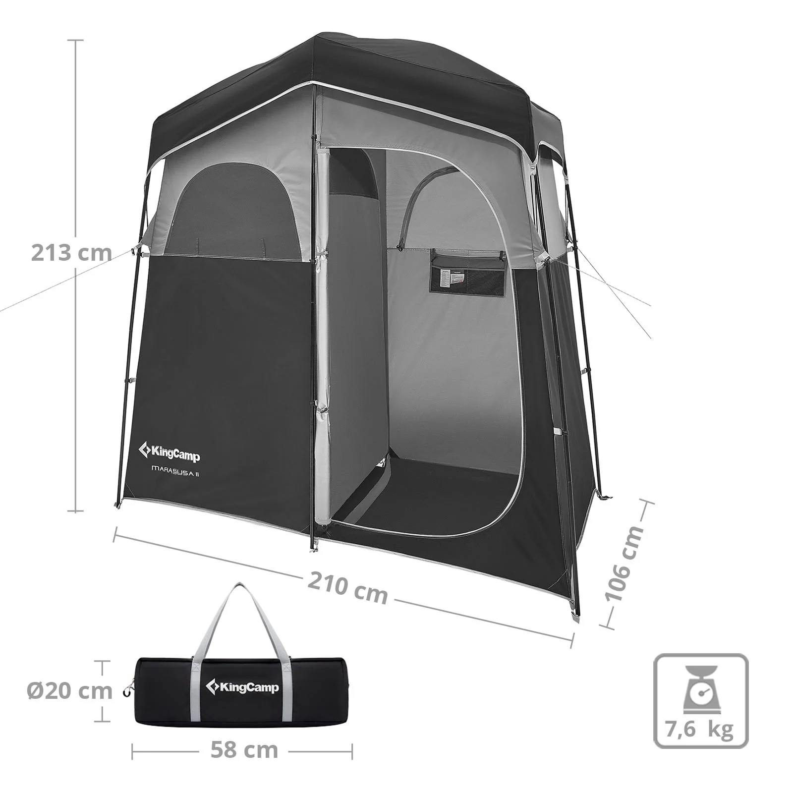 KingCamp Marasusa II (2025) – Tente multifonctionnelle avec 2 cabines, douche et cabine de test avec cloison, étendoir à linge, protection UV et bonne ventilation.