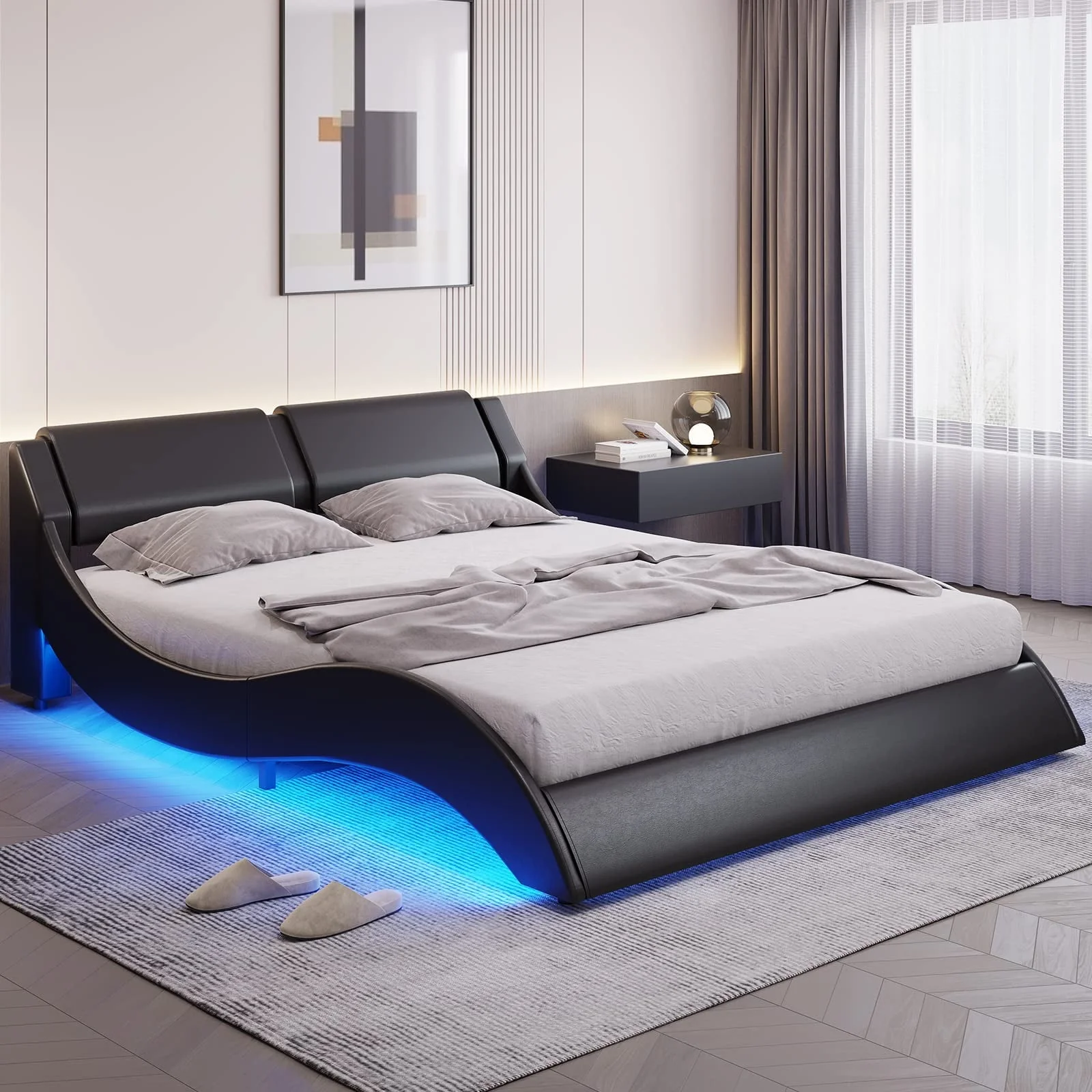 Queen Size Bed Frame with LED Lights, Modern Platform Bed Frame with Upholstered Headboard, Faux Leather Wave Like Low Profile Bed Frame, No Box Spring Needed, Black