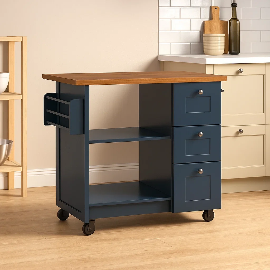 Îlot de cuisine rectangulaire avec étagères et tiroirs, en bois bleu et naturel, sur roulettes, 120 x 60 x 90 cm, pour cuisine domestique - km0AjGvoRLSb