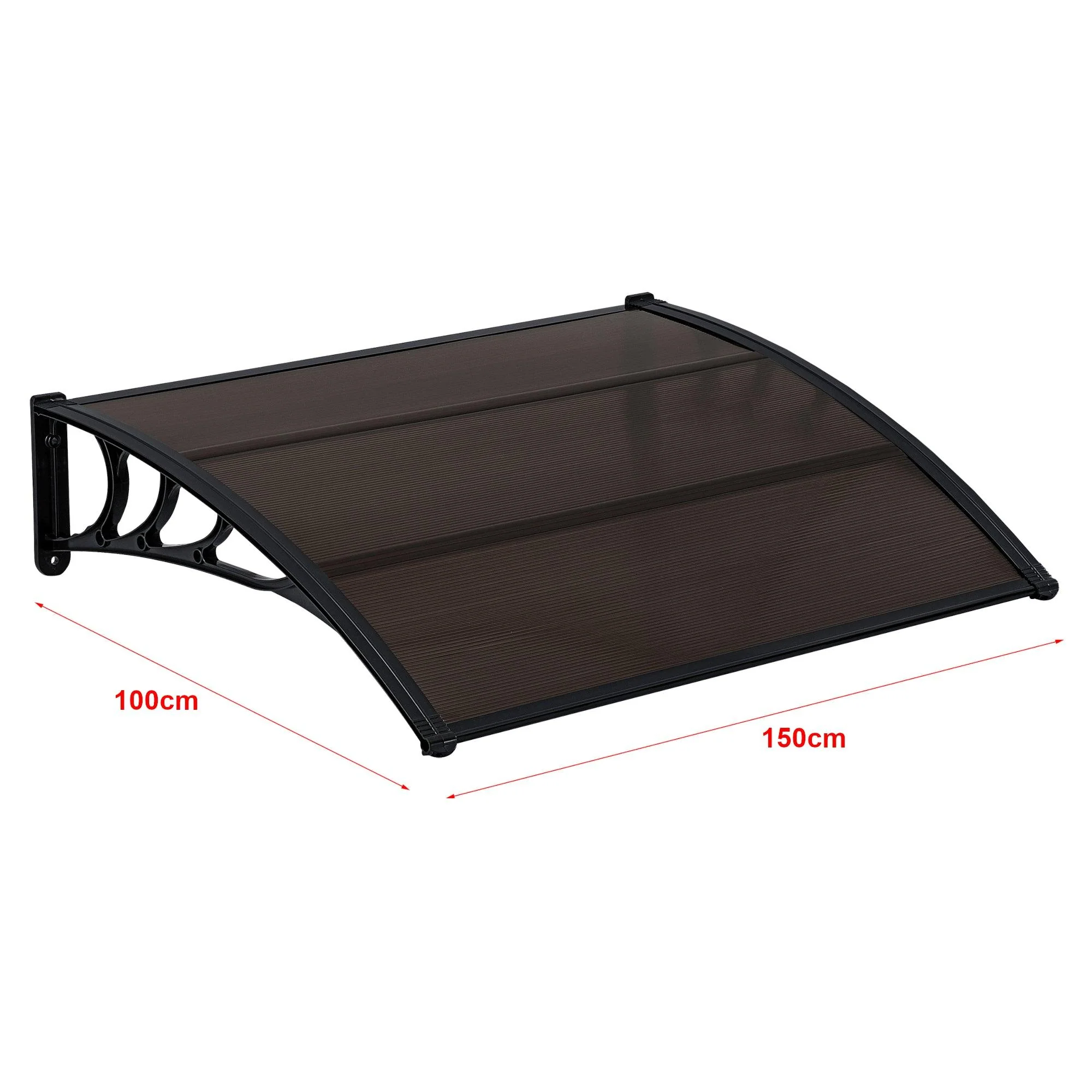 2025 Markise til indgangsdør. Vejrbestandig beskyttelsesmarkise lavet af ABS, polycarbonat og aluminium. 150 x 100 cm. Sort og brun.