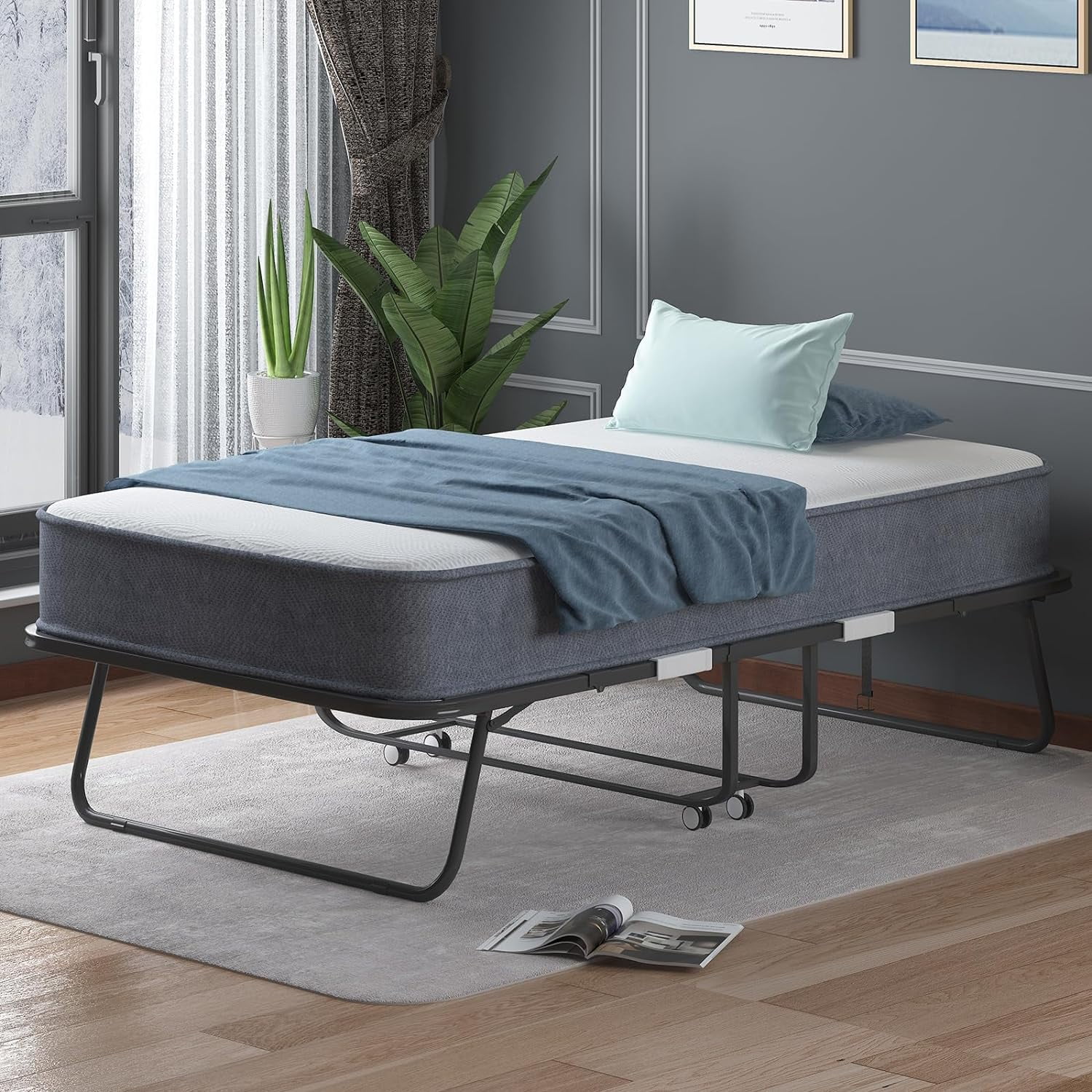 Puremind Folding Bed with 4 in Foam Mattress, 75" x 31" Rollaway Bed for Adults, Portable Bed with Lockable Wheels, Easy Assembly & Moving, Standard