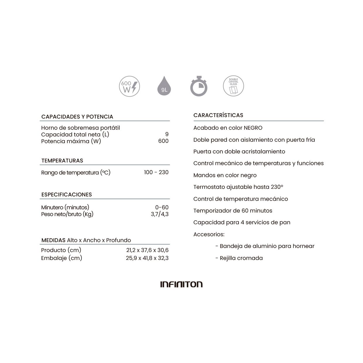 Infiniton HSM-A9N – Four de comptoir, noir, 9 L, 600 W, double vitrage, contrôle de la température, minuterie de 60 minutes