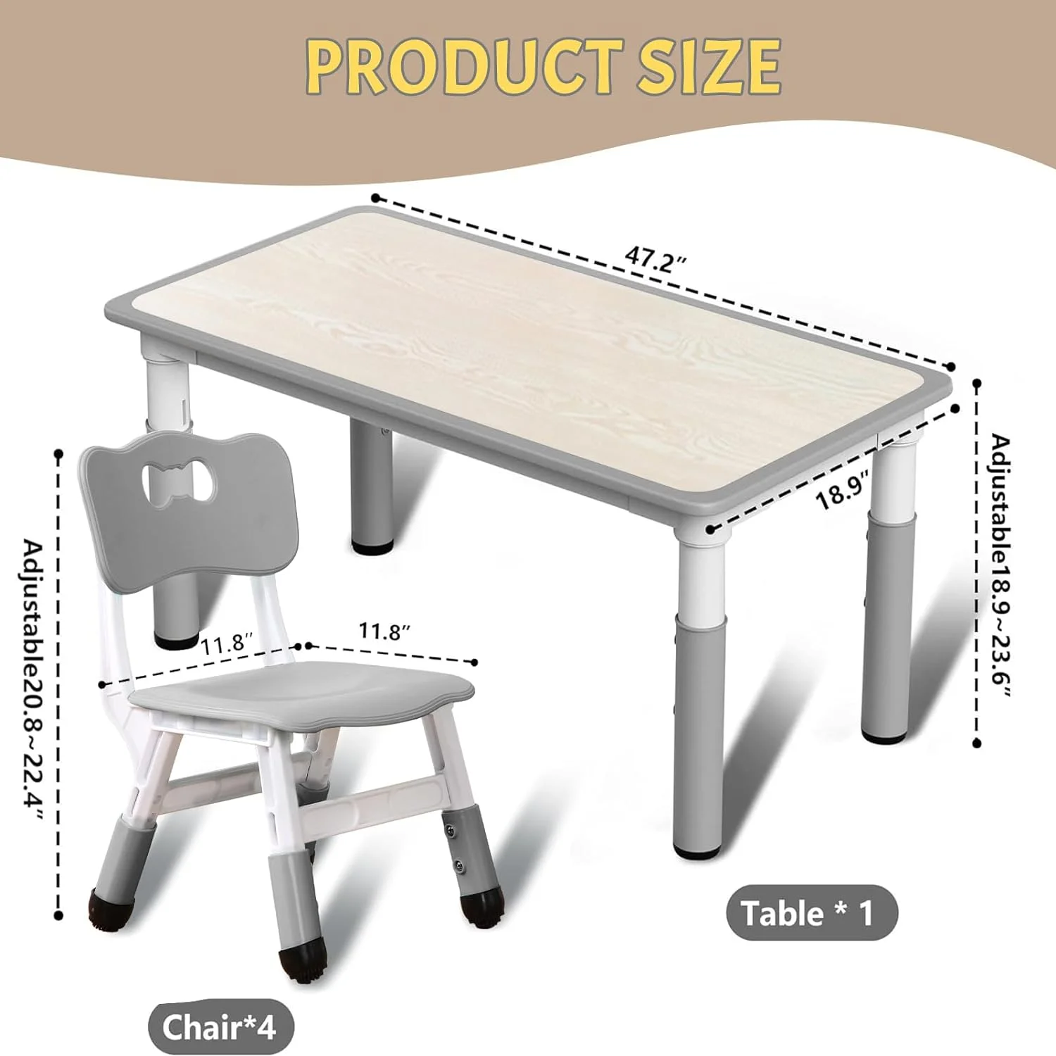 Twister.ck Kids Table and Chairs Set, Height Adjustable Toddler Table and 6 Chair, Multi - Activity Table with Graffiti Desktop for Ages 2 - 10, Children Activity Table for Daycare, Classroom, Home, Gray