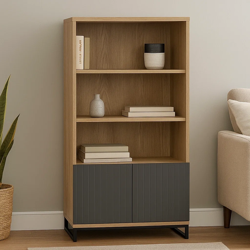 Bibliothèque, structure en bois, 3 étagères, portes en bois gris, sur pied, coloris naturel et gris, dimensions 80 x 35 x 180 cm - cRdhDRF1FDUn