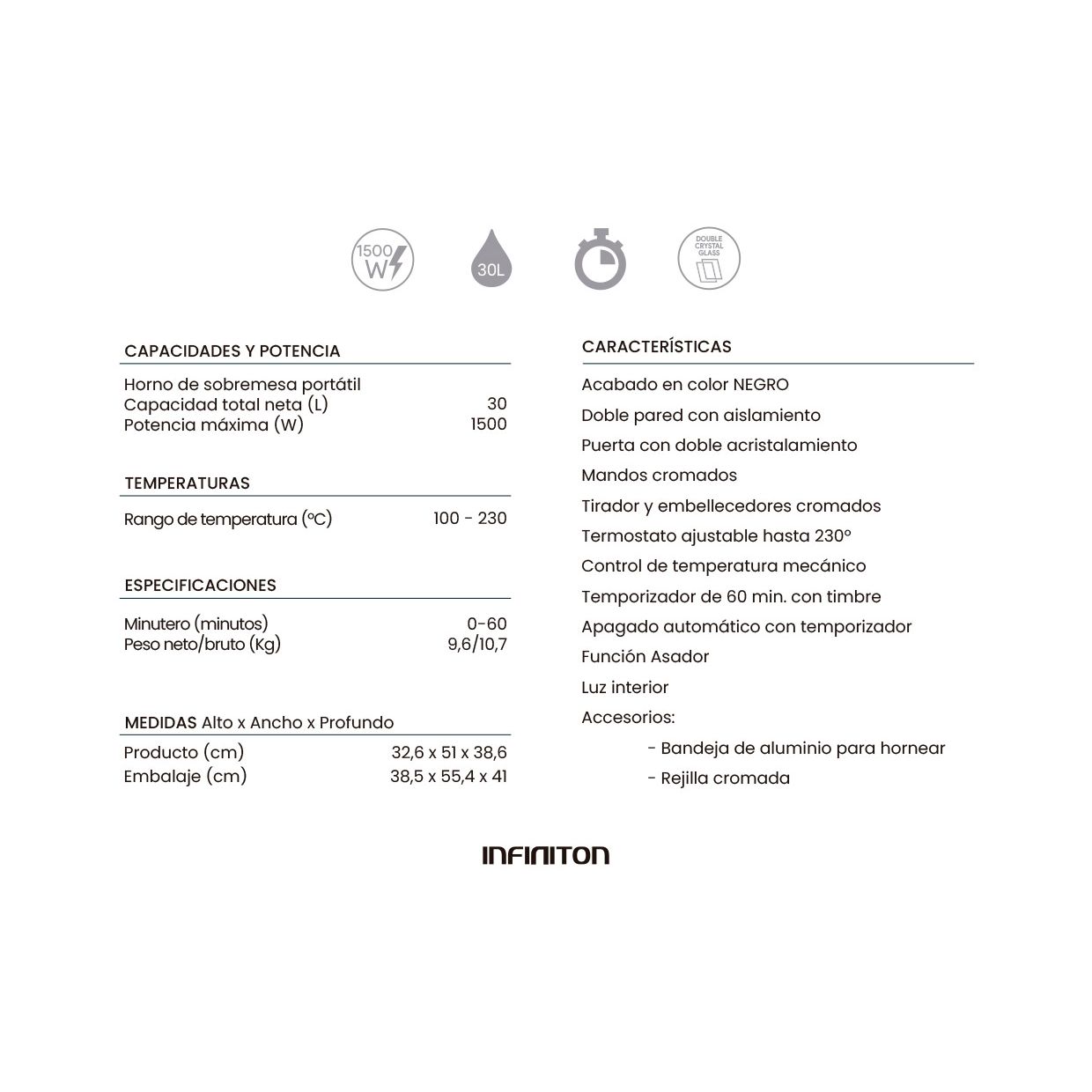 Infiniton HSM-a30n – Bordovn, sort, 30 l, 1500 w, konvektion, dobbeltglas, indvendig belysning, 60 minutters timer.