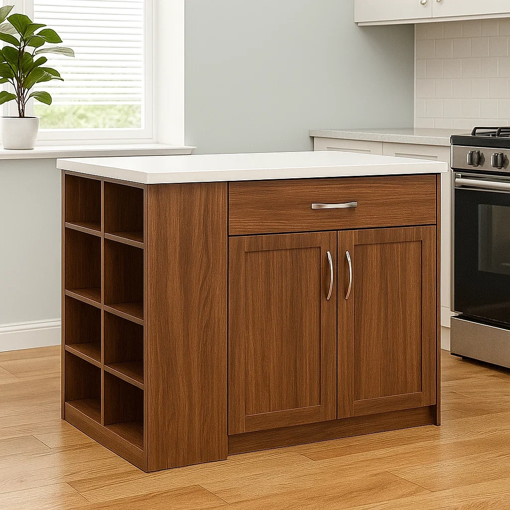 Îlot de cuisine rectangulaire avec porte-bouteilles, tiroir et placard en MDF couleur noyer, plan de travail blanc, pose libre, 100 x 60 x 90 cm, usage domestique - WzdFJKPUykK4