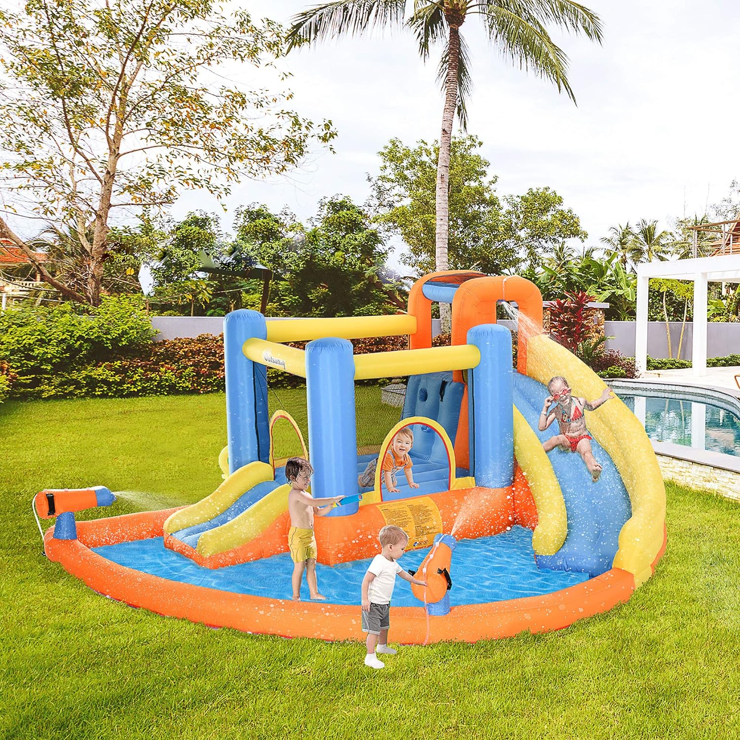 Toboggan aquatique gonflable 5 en 1 pour enfants avec châteaux gonflables, piscine, toboggan, murs d