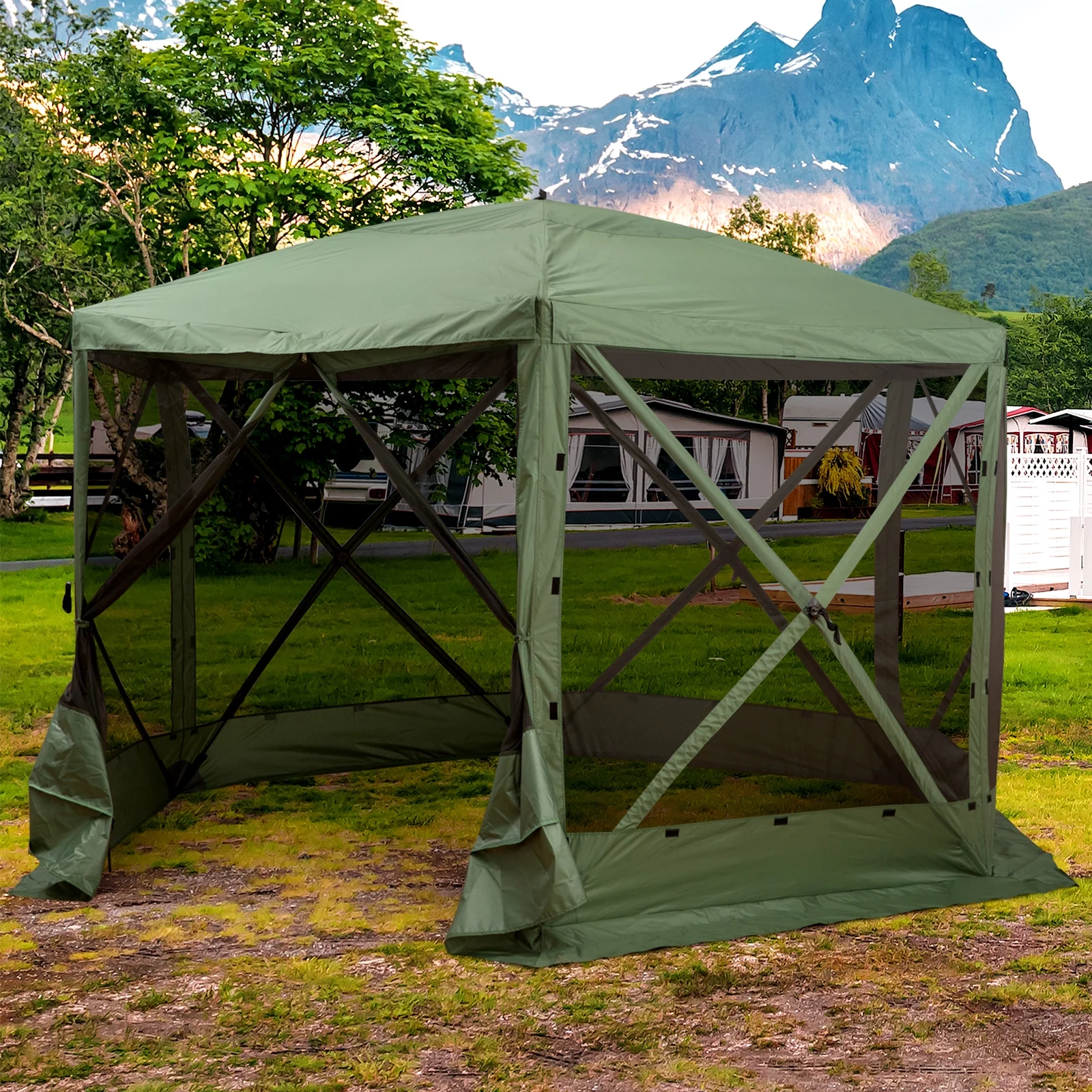Gazebo hexagonal Outsunny 3,6 m x 3,6 m avec moustiquaire – Pavillon pliable et portable avec parois en filet, sac de transport et espace ombragé. Vert