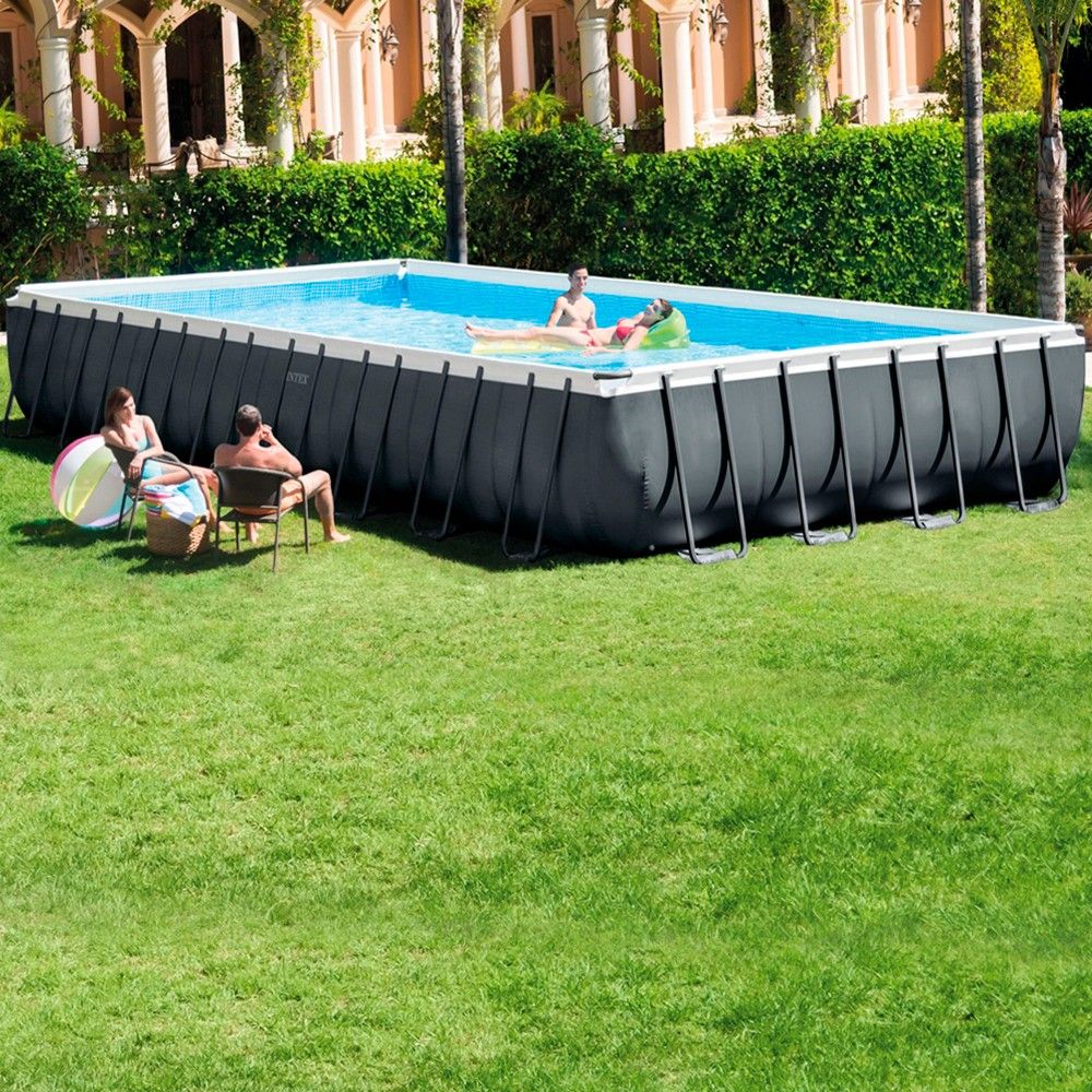 Intex rektangulær rørformet PVC overjordisk pool 975x488x132 cm mørkegrå med filterpumpe