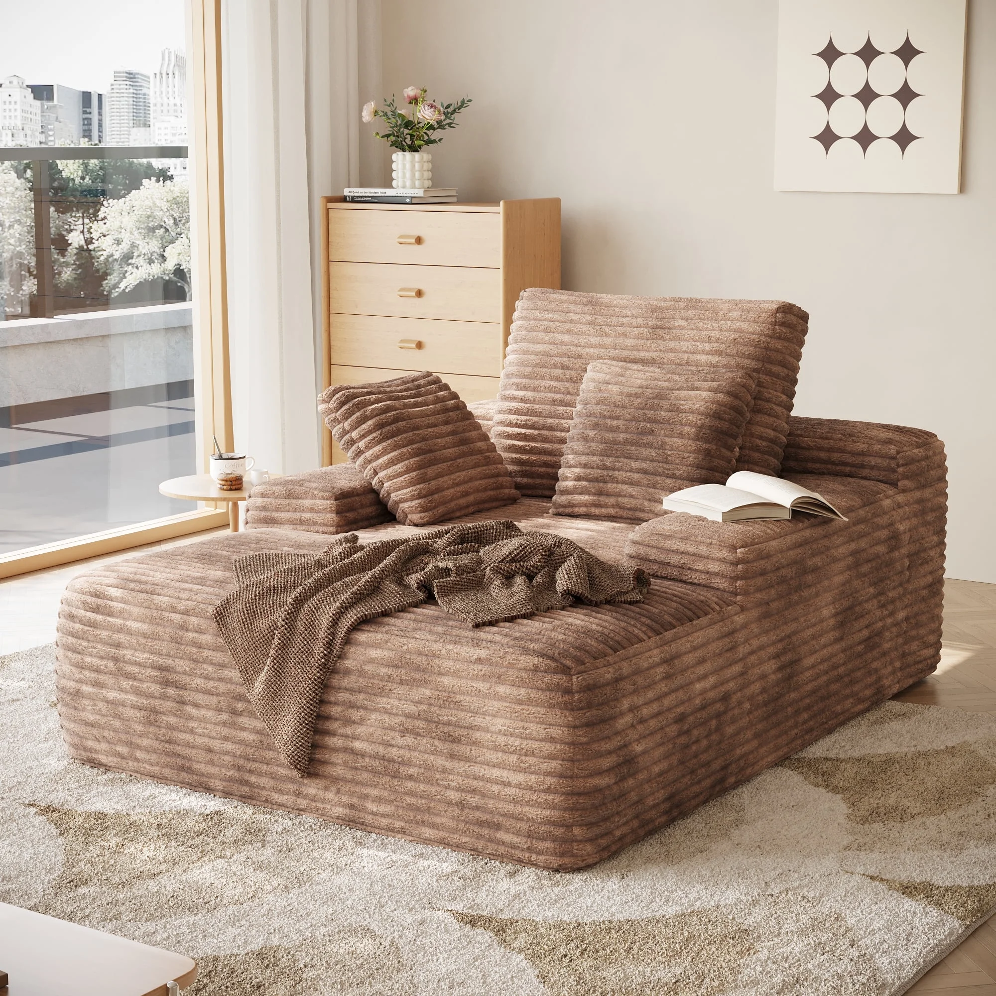 Sodrens Oversized Chaise Lounge Chair Indoor, Upholstered Sofa Bed with Throw Pillows and Armrests, Sleeper Chair for Living Room, Bedroom, Brown, Corduroy