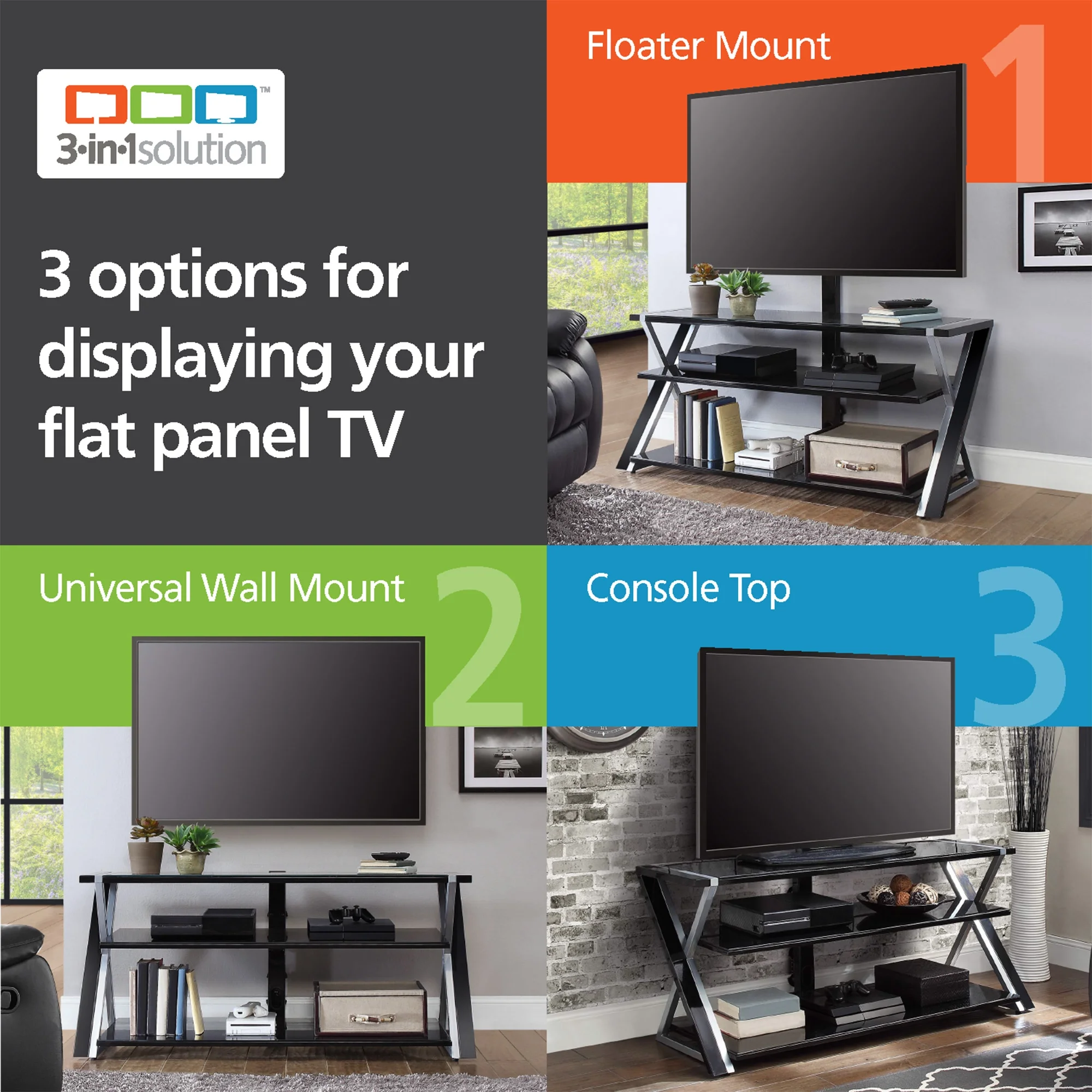 Whalen Xavier 3 - in - 1 Television Stand for Tvs up to 70", Black