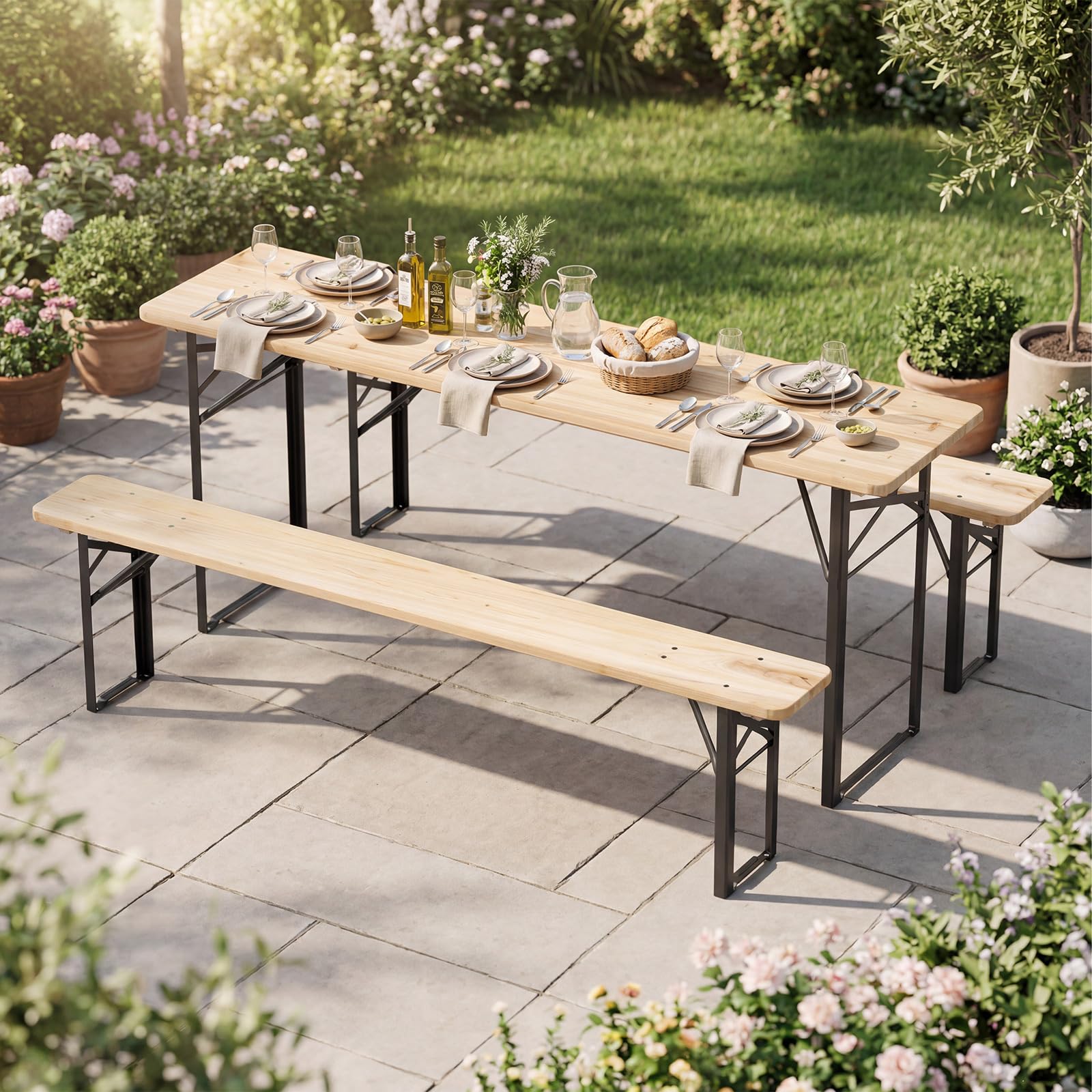 Tangkula Inch 3-Piece Folding Picnic Table with Benches for 6 Fir Wood Portable Bear Camping Table