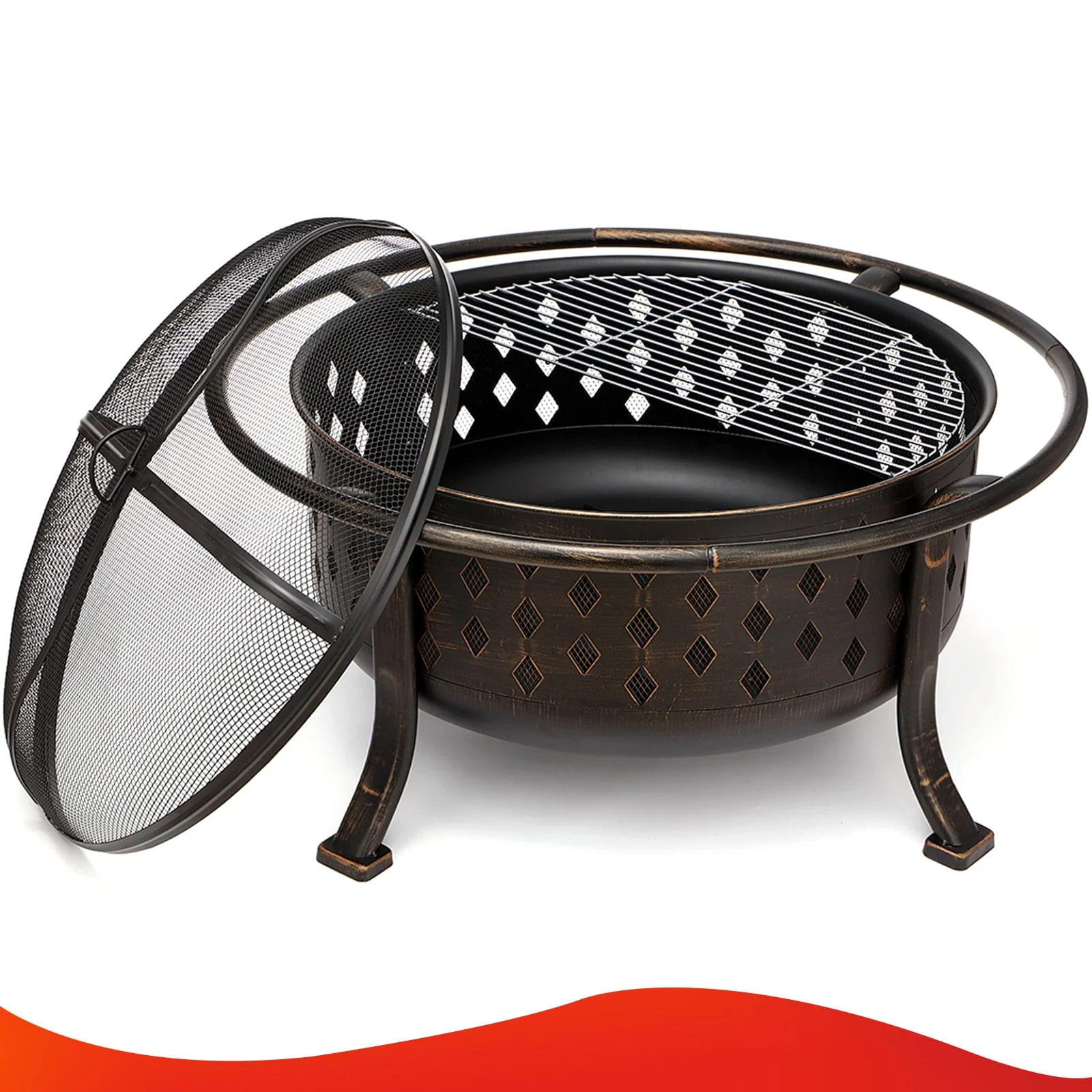 Singlyfire 36 in Fire Pits for Outside Wood with Cooking Grill Grate, Spark Screen, Log Grate