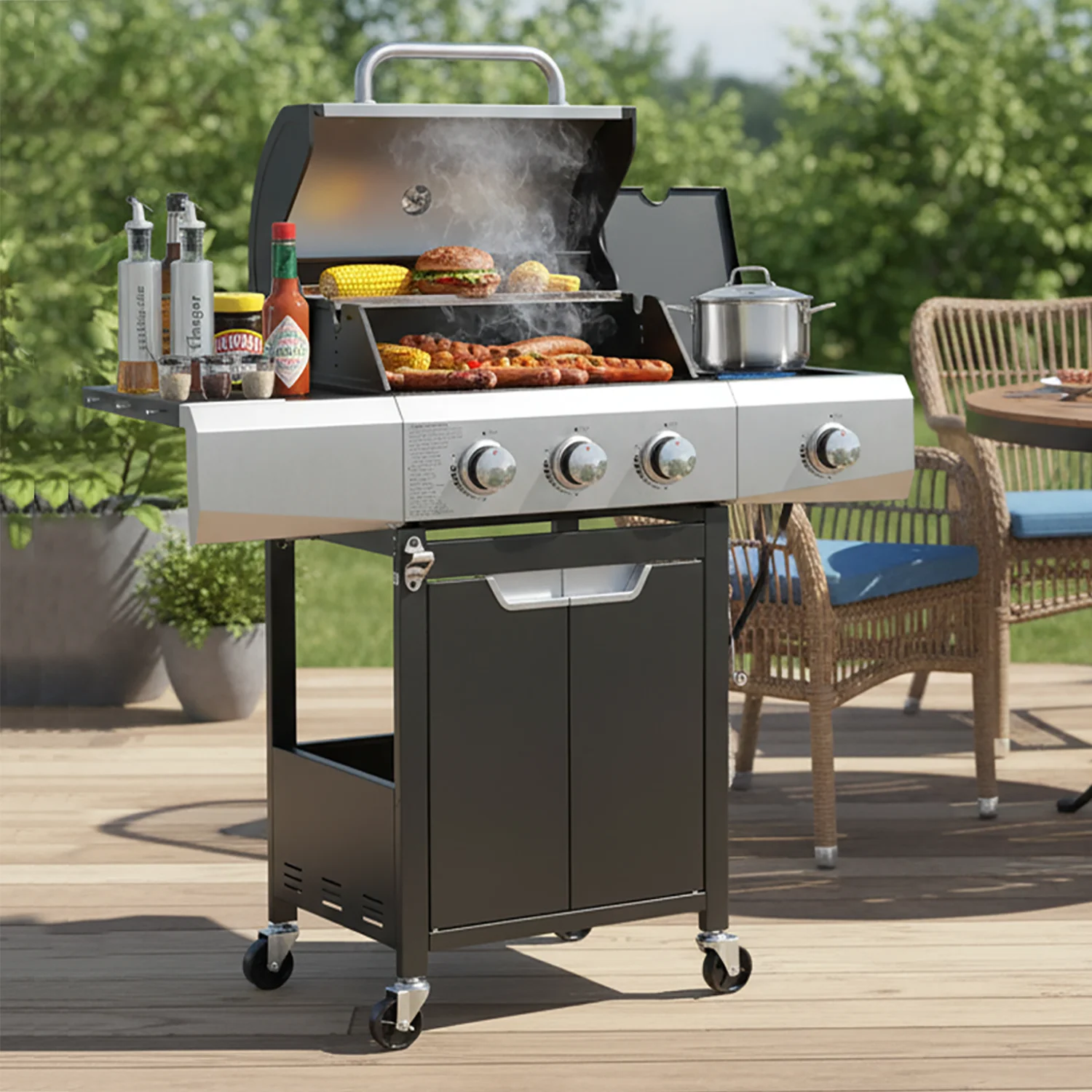 Seizeen 40, 500 BTU Propane Gas Grill with Side Burner, Stainless Steel 3 Burner Barbecue Grill Portable on Wheels, with Bottle Opener, for Camping Patio Outdoor Cooking
