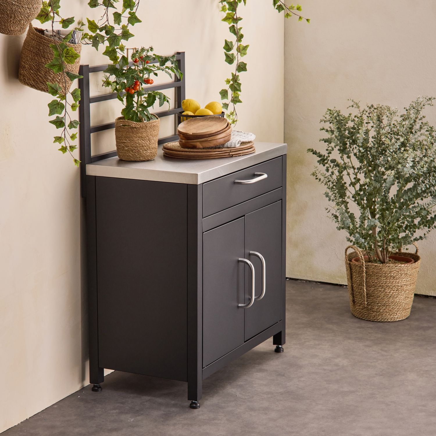 Udendørs stålkøkken med 1 skuffe og 2 døre, 80 cm, sort