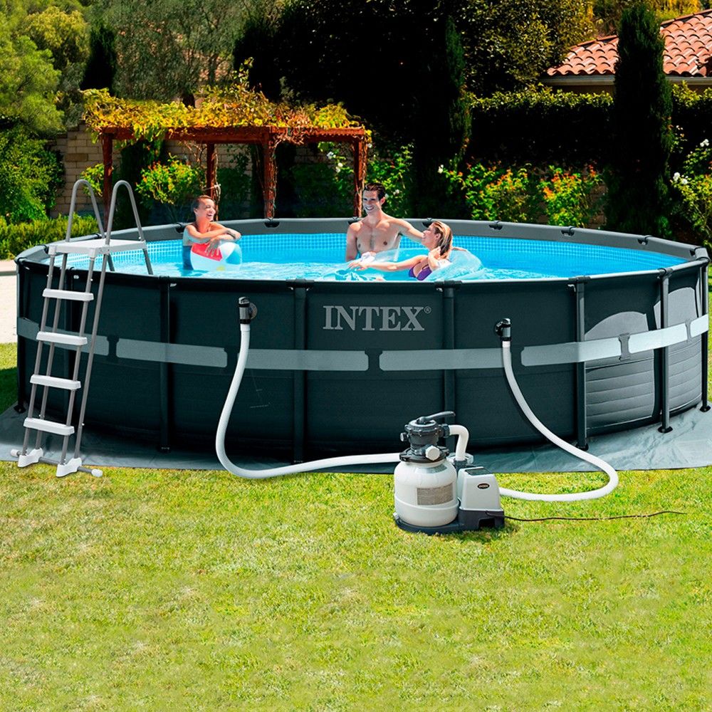 Piscine tubulaire circulaire amovible en PVC gris foncé Intex 549 x 132 avec purificateur