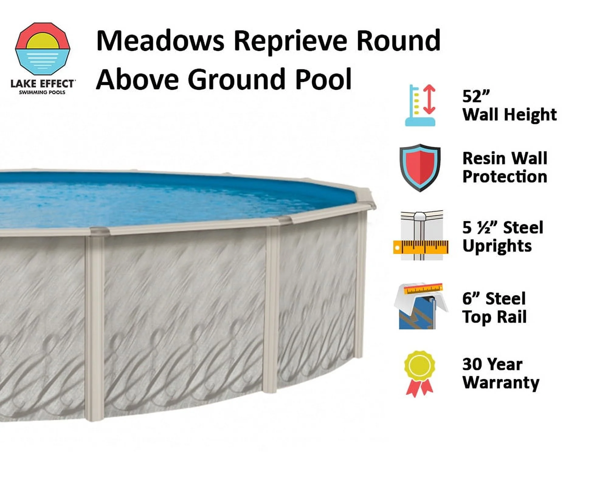 Lake Effect Pools Meadows 12' Round 52" Wall Above - Ground Swimming Pools, Full Start - up Kit
