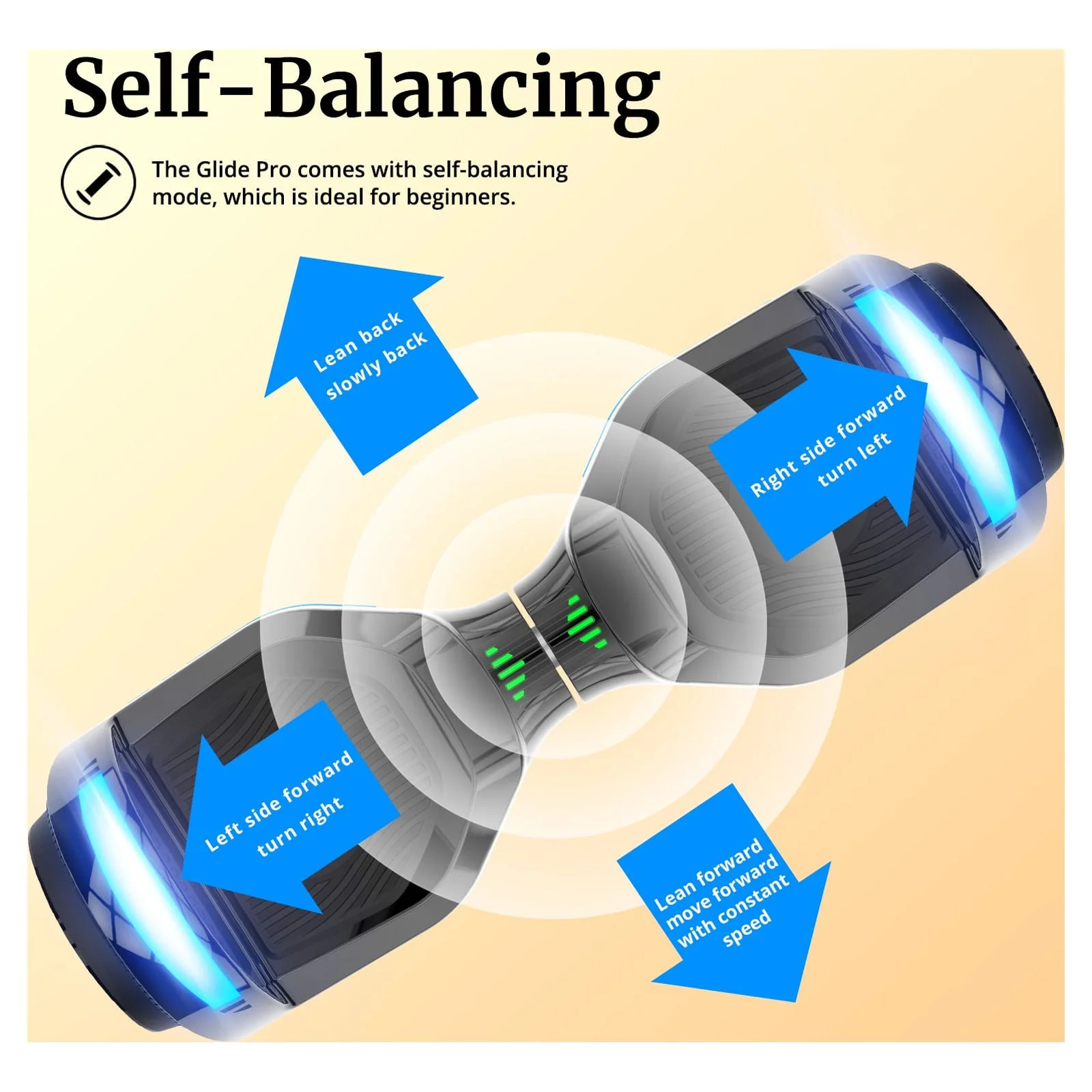 Hoverboard GOTRAX GLIDE PRO 2025 avec Bluetooth. Roues de 6,5 pouces et lumières LED multicolores (7 couleurs). Trottinette auto-équilibrée pour enfants et adultes (20–80 kg). Couleur argent.