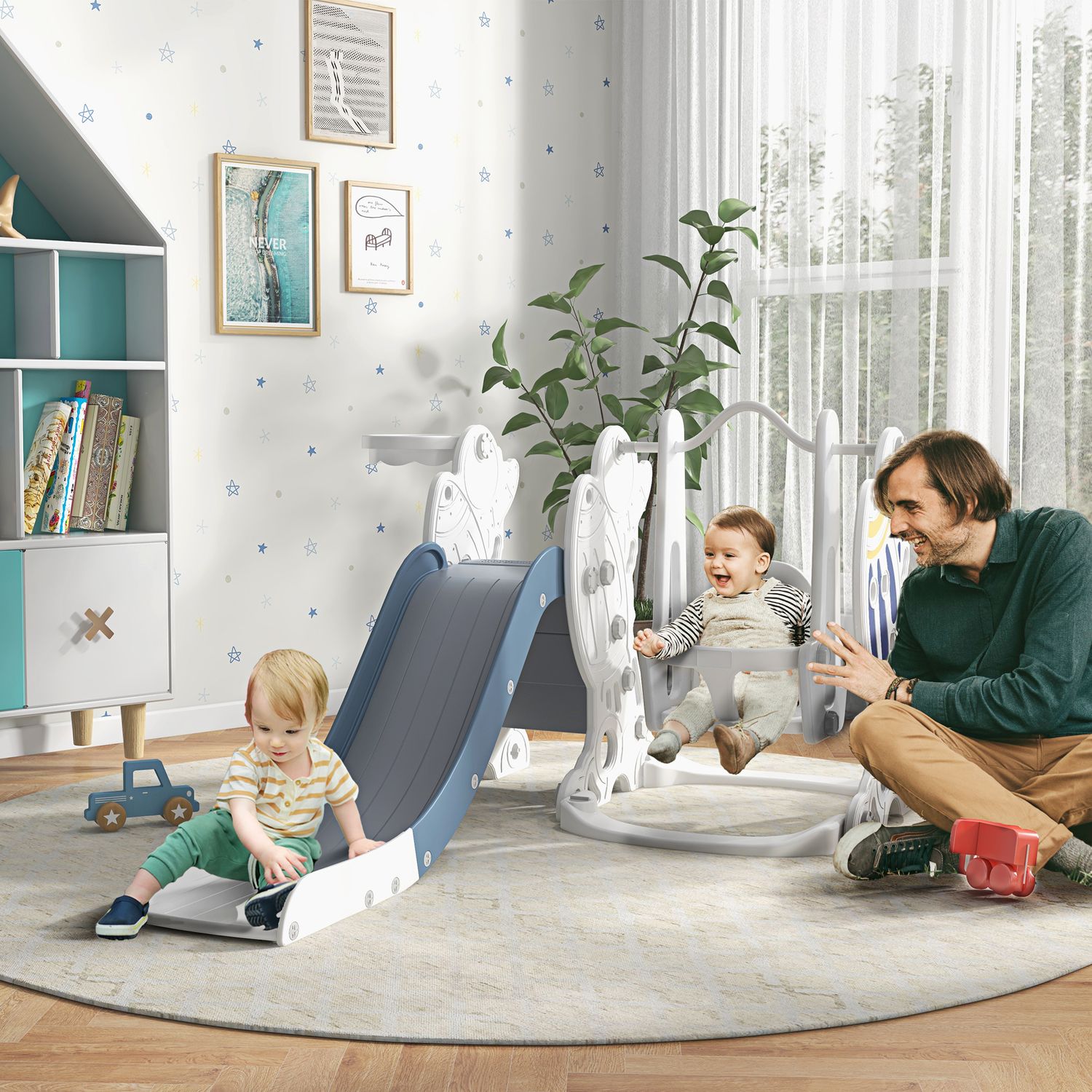 Aiyaplay 3-i-1 hvid og blå rutsjebane og gyngesæt til børn