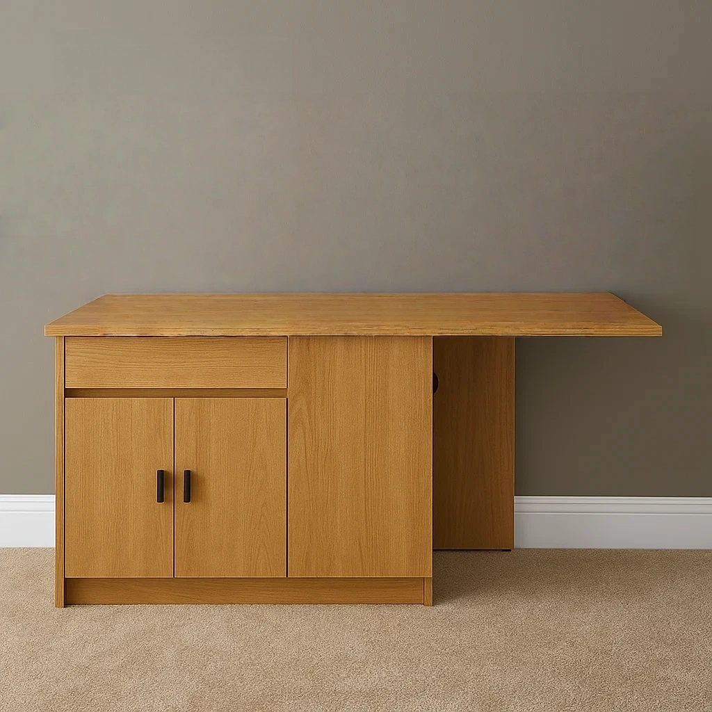 Îlot de cuisine rectangulaire en MDF couleur chêne, avec placard, tiroir et rallonge, 140 x 80 x 75 cm, usage domestique - z9GEbPzRFuHe