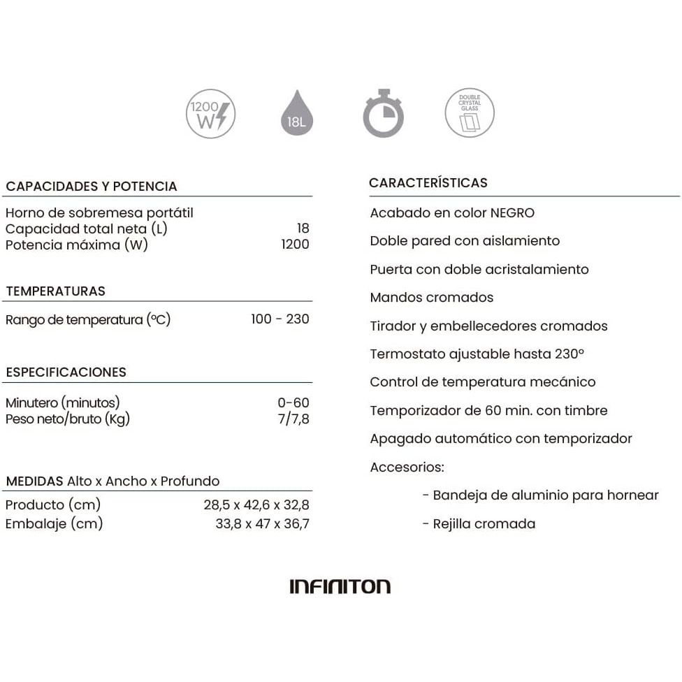Infiniton HSM-a18n – Bordovn, sort, 18l, 1200w, dobbeltglas, temperaturkontrol, 60 minutters timer.