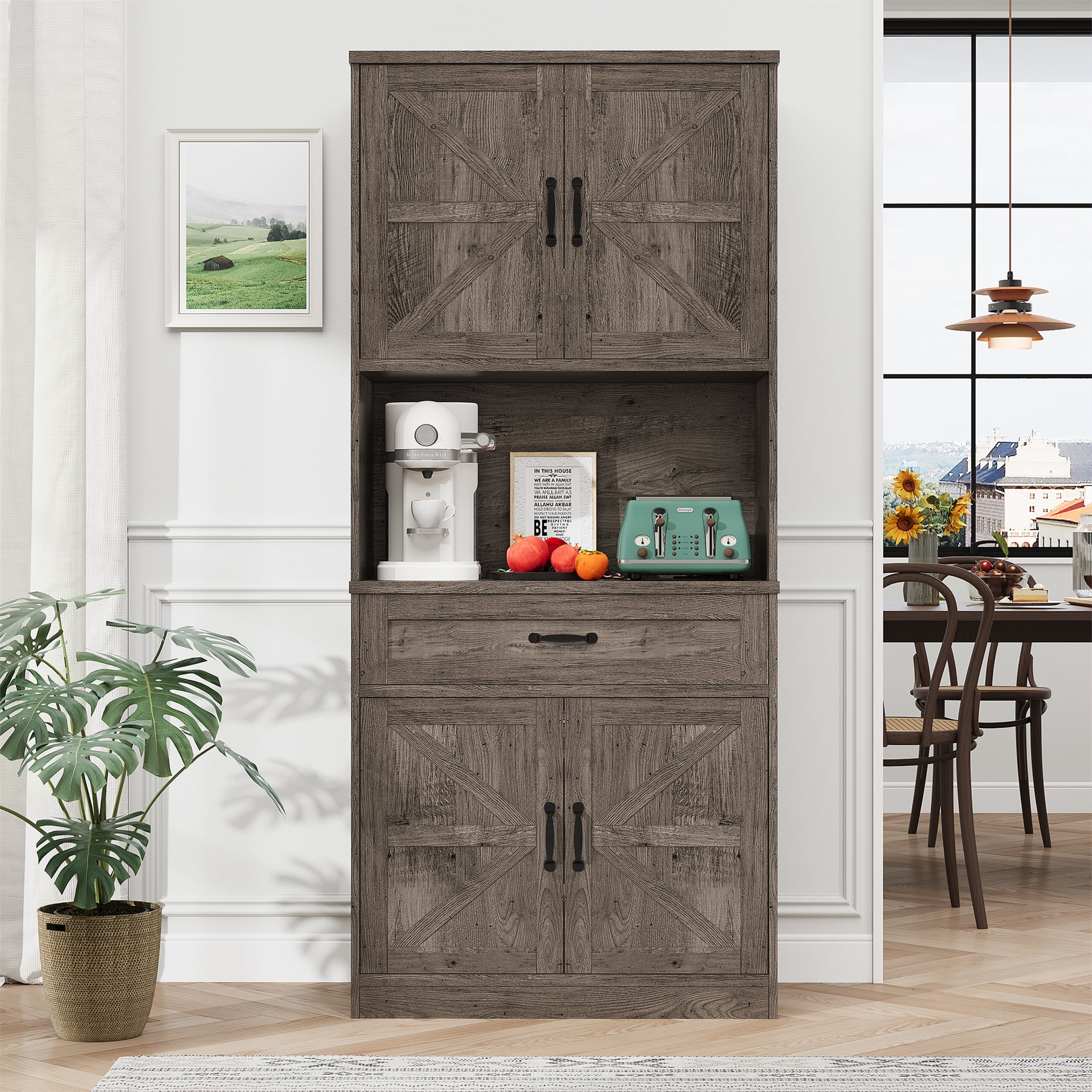 Planntonneo 71'' Tall Kitchen Pantry Storage Hutch Cabinet with Doors and Shelves, Grey Oak