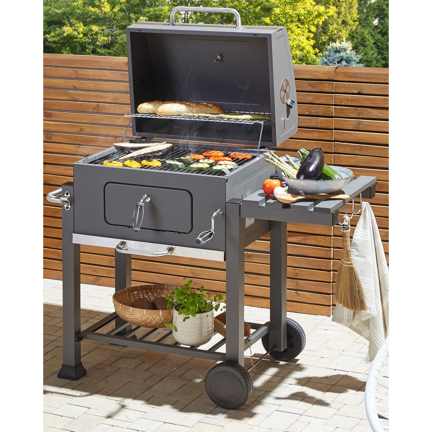 Kulgrill, grå stål, med låg, grill, hjul, 2 hylder, termometer, aftageligt askebæger, havepaviljong - grå